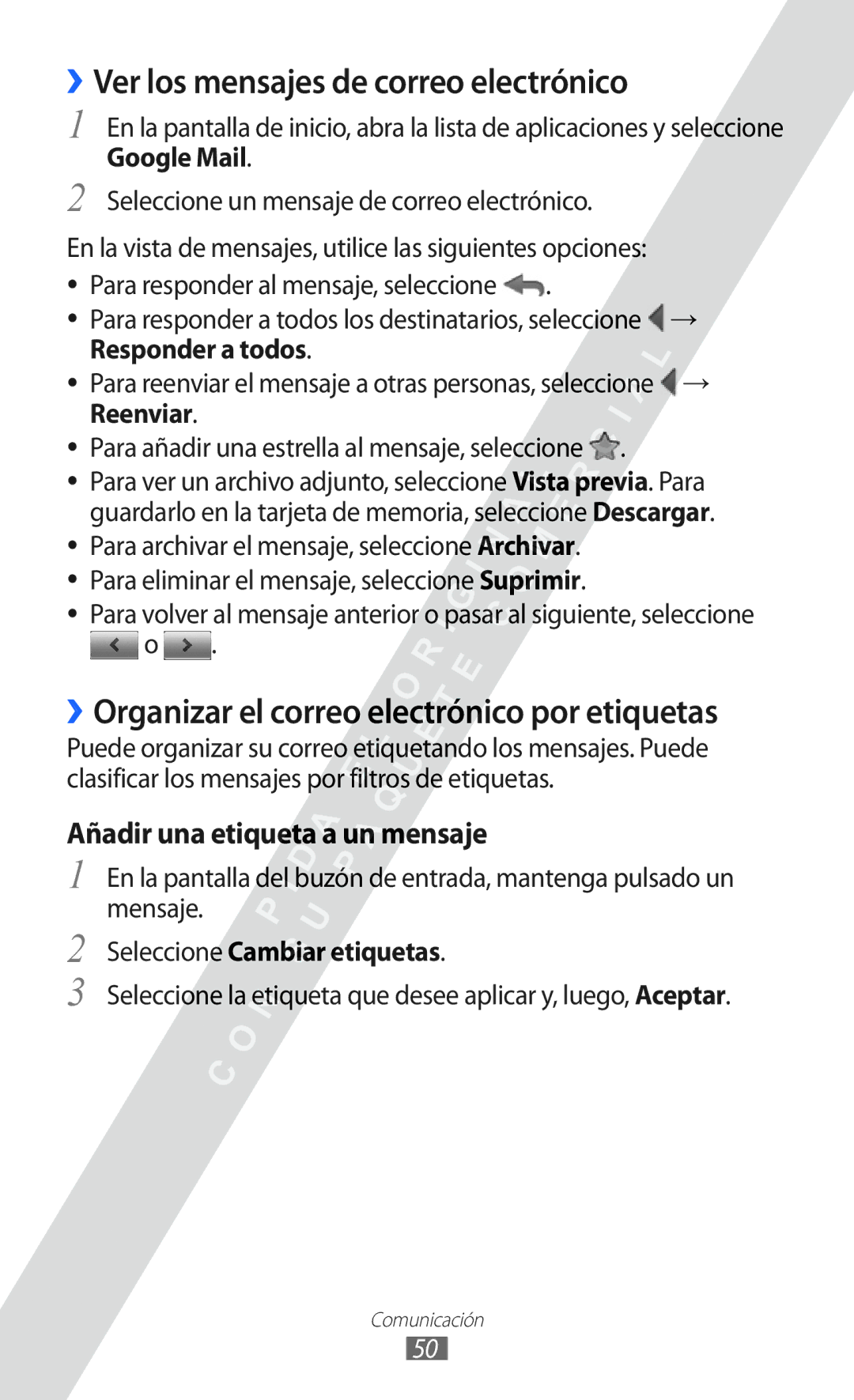 Samsung GT-S6802ZKAXEO manual ››Ver los mensajes de correo electrónico, ››Organizar el correo electrónico por etiquetas 