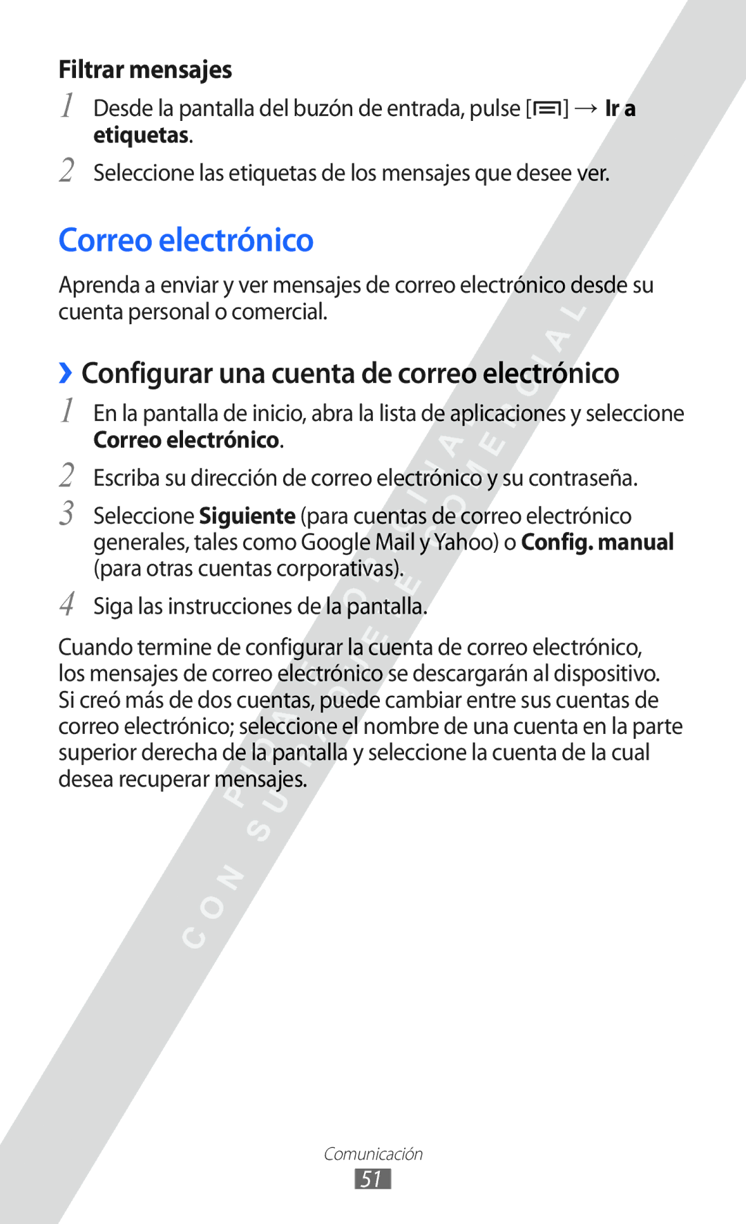 Samsung GT-S6802CWACOA Correo electrónico, ››Configurar una cuenta de correo electrónico, Filtrar mensajes, Etiquetas 