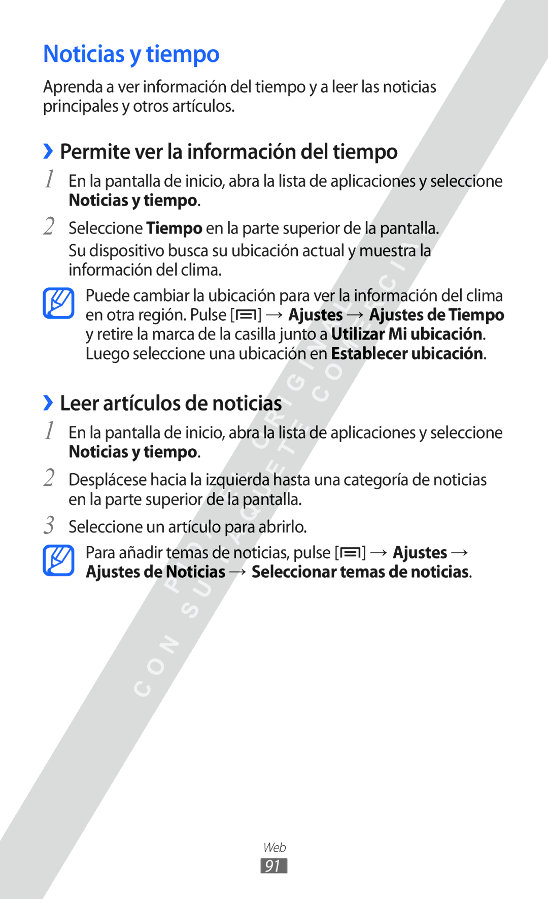Samsung GT-S6802CWACOA manual Noticias y tiempo, ››Permite ver la información del tiempo, ››Leer artículos de noticias 