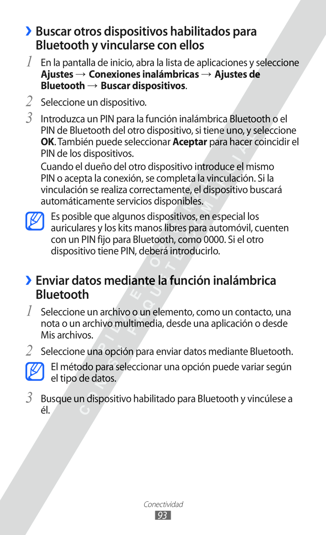 Samsung GT-S6802CWAPHE, GT-S6802CWADBT, GT-S6802ZKAXEO manual ››Enviar datos mediante la función inalámbrica Bluetooth 