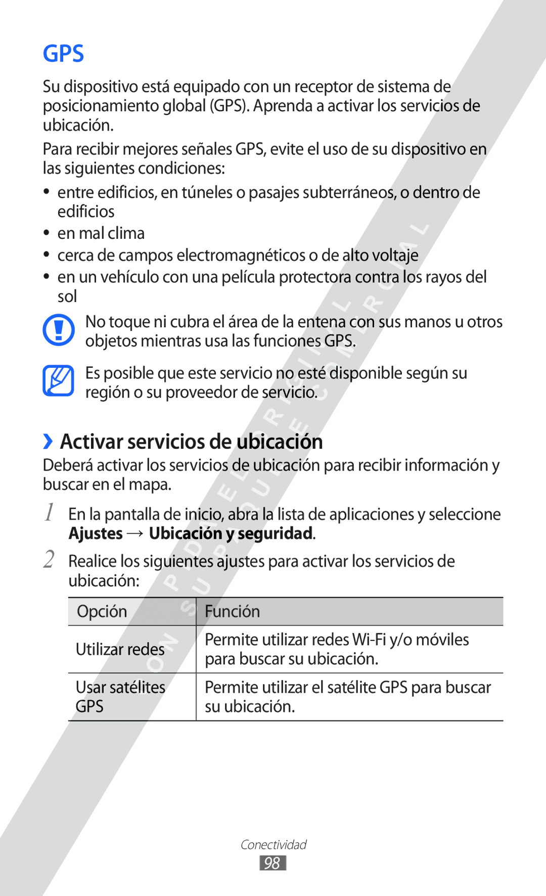 Samsung GT-S6802ZKAXEO manual ››Activar servicios de ubicación, Para buscar su ubicación, Usar satélites, Su ubicación 