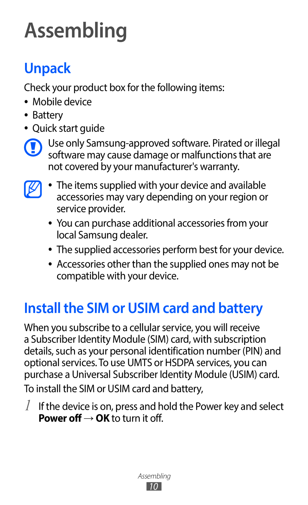 Samsung GT-S6802ZOAETL, GT-S6802CWADBT, GT-S6802HKADBT, GT-S6802HKAXEF, GT-S6802CWAPHE, GT-S6802ZKAXEO manual Assembling, Unpack 