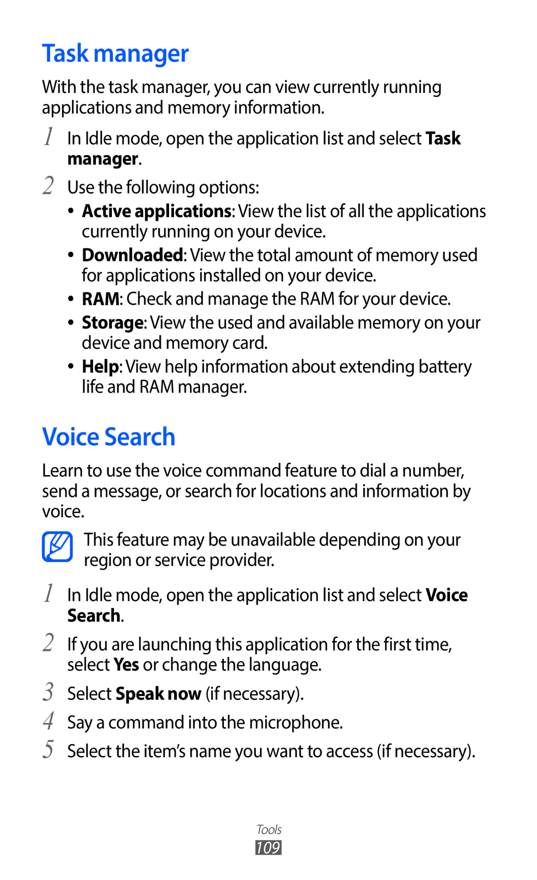 Samsung GT-S6802ZIAORX, GT-S6802CWADBT, GT-S6802HKADBT, GT-S6802HKAXEF, GT-S6802CWAPHE manual Task manager, Voice Search 