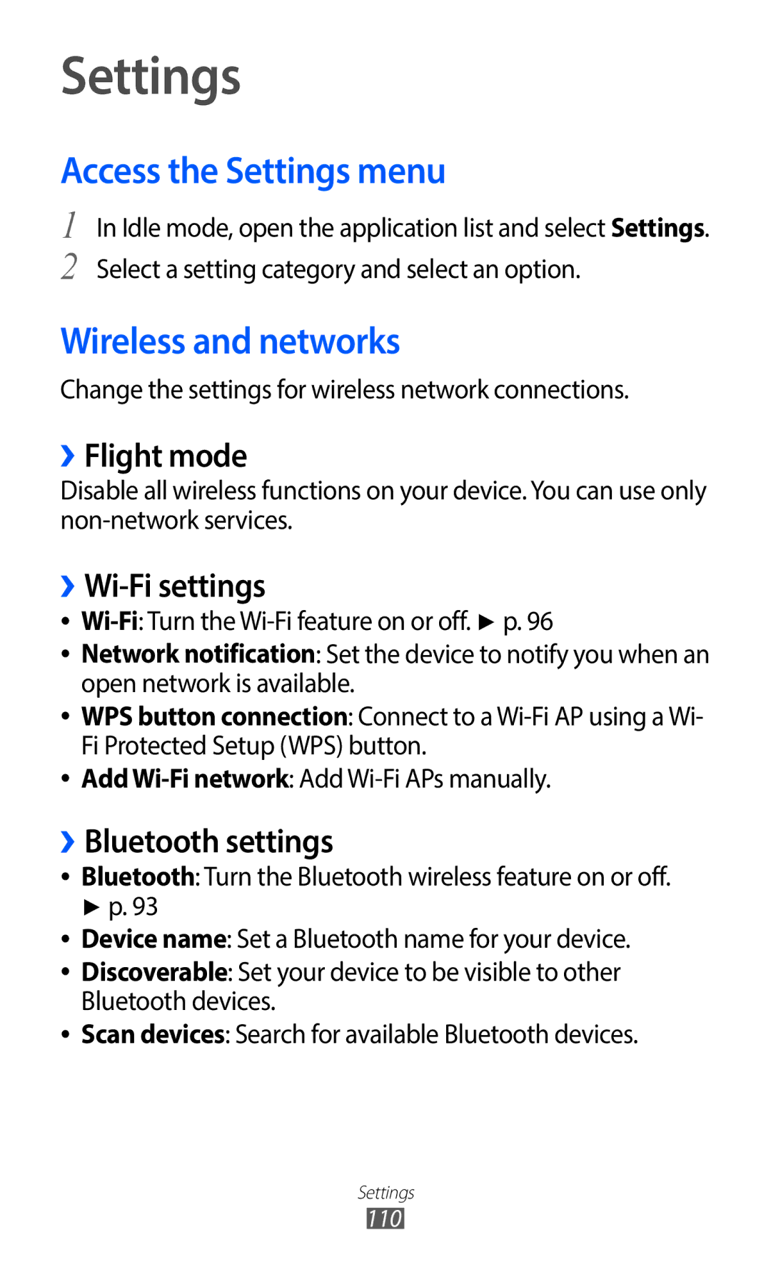 Samsung GT-S6802ZYATMZ, GT-S6802CWADBT, GT-S6802HKADBT, GT-S6802HKAXEF Access the Settings menu, Wireless and networks 