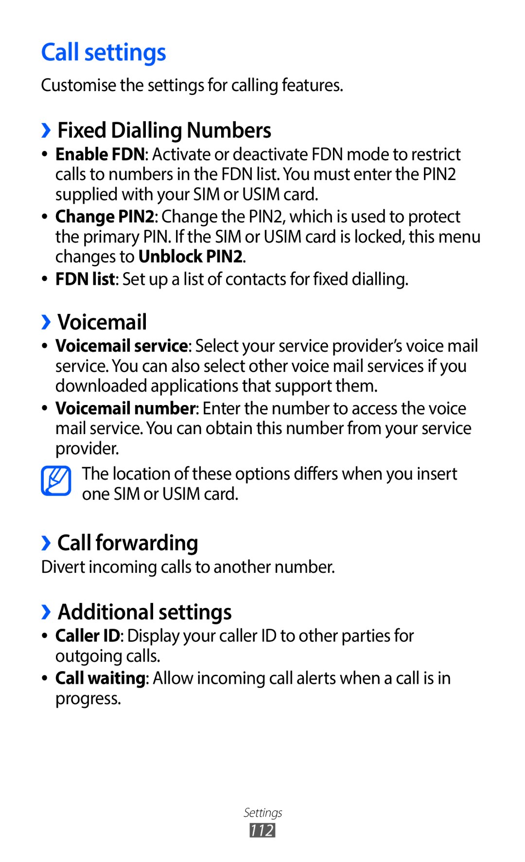 Samsung GT-S6802ZIAETL Call settings, ››Fixed Dialling Numbers, ››Voicemail, ››Call forwarding, ››Additional settings 