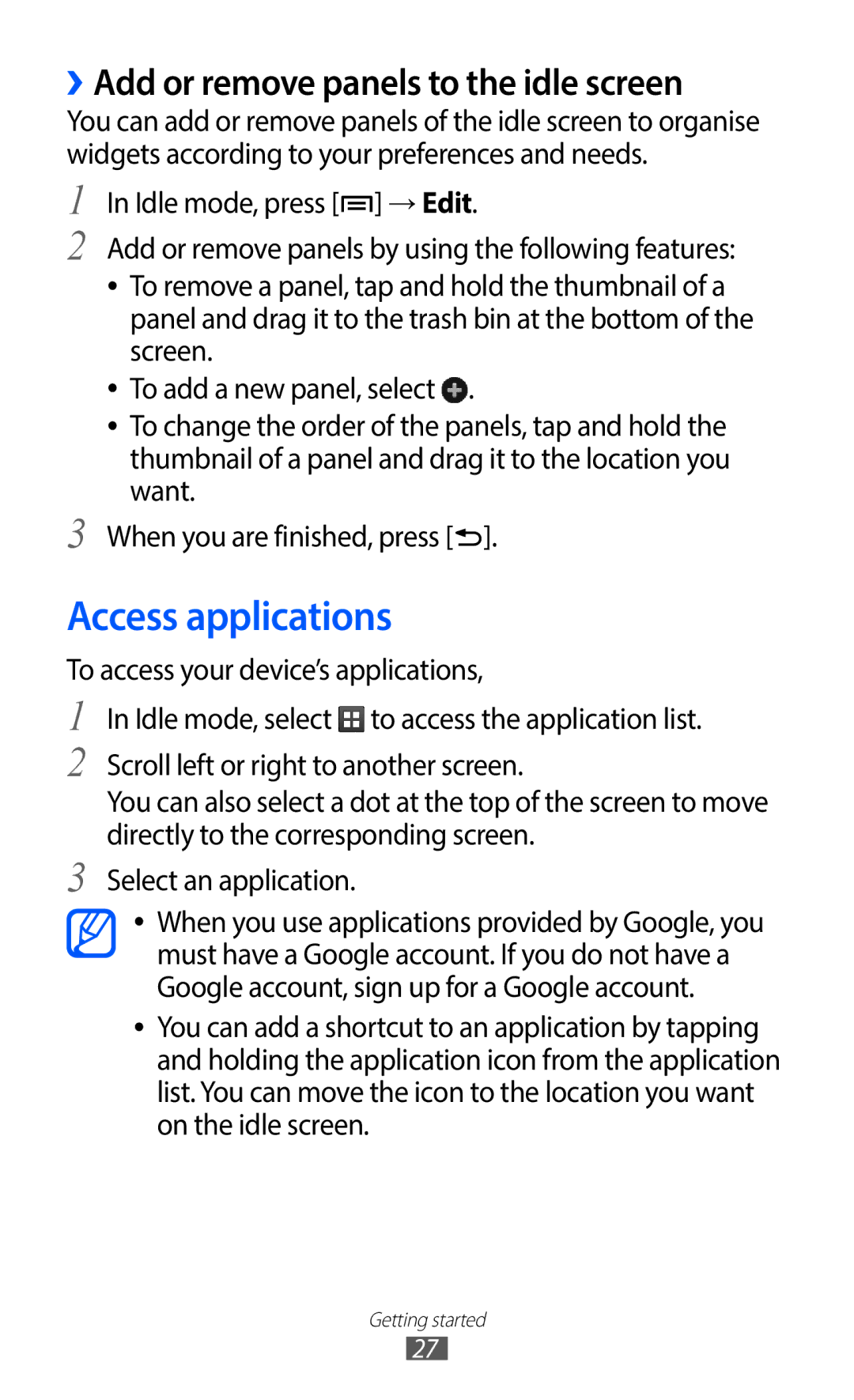 Samsung GT-S6802ZYAETL, GT-S6802CWADBT, GT-S6802HKADBT manual Access applications, ››Add or remove panels to the idle screen 