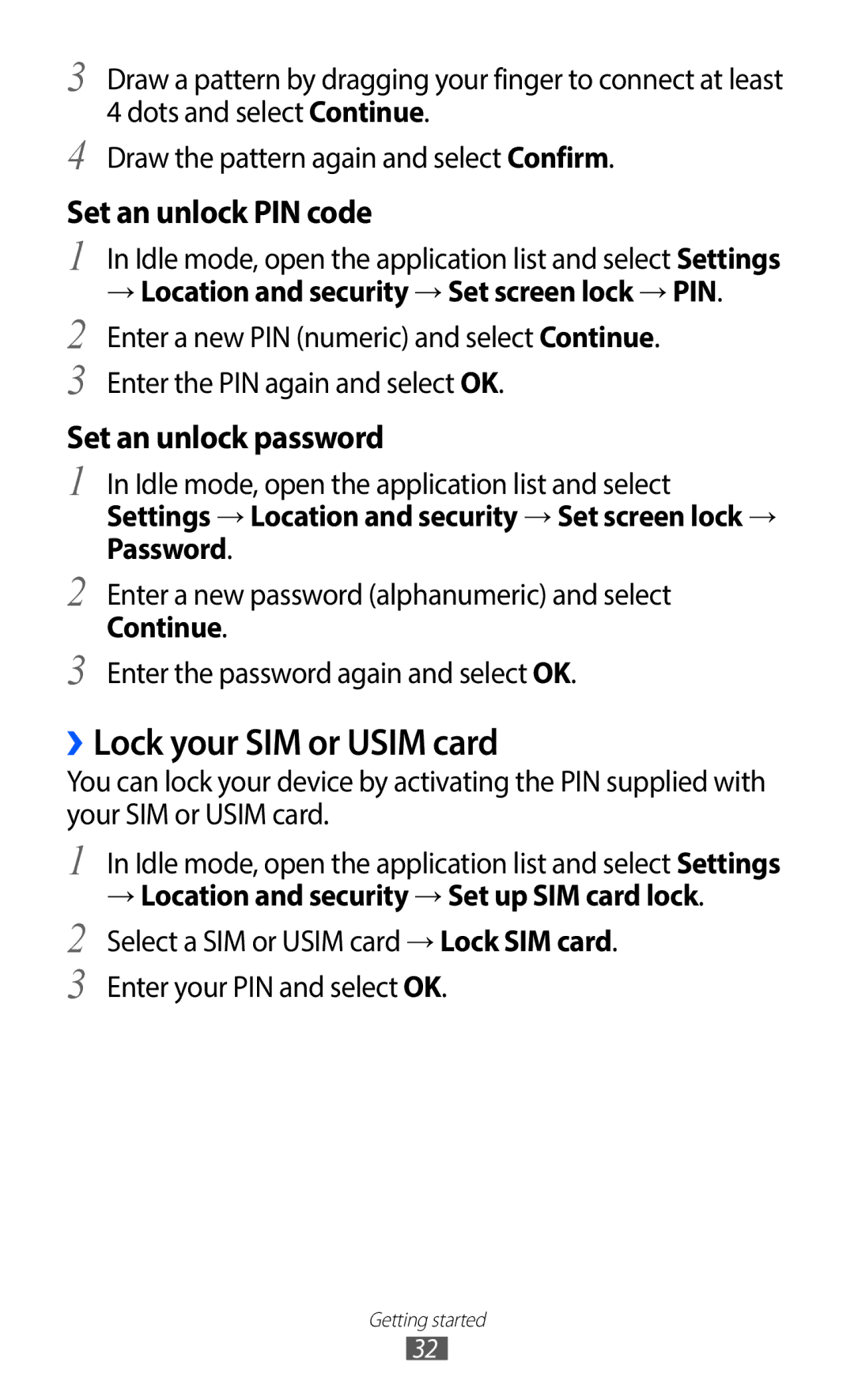 Samsung GT-S6802HKAAUT, GT-S6802CWADBT manual ››Lock your SIM or Usim card, → Location and security → Set screen lock → PIN 