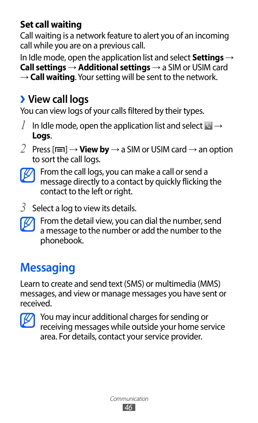 Samsung GT-S6802ZKAXEO manual Messaging, ››View call logs, → Call waiting. Your setting will be sent to the network, Logs 