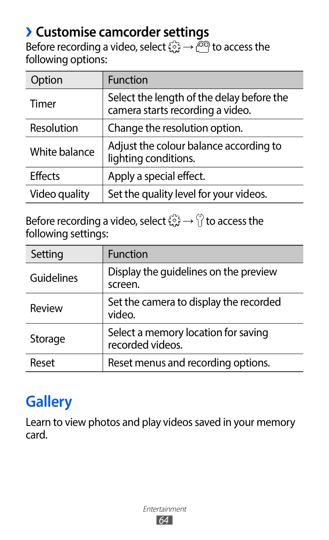 Samsung GT-S6802CWAETL, GT-S6802CWADBT Gallery, Customise camcorder settings, Before recording a video, select → To access 