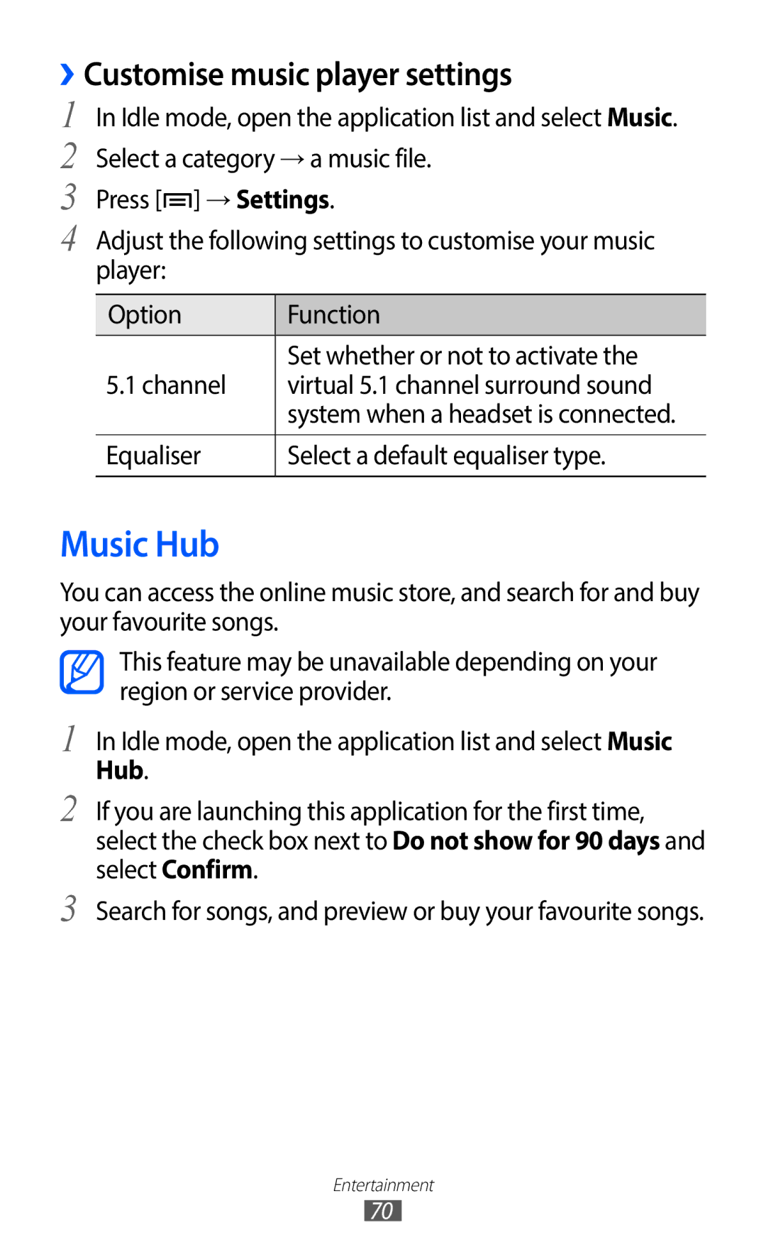 Samsung GT-S6802ZIAETL manual Music Hub, ››Customise music player settings, Equaliser Select a default equaliser type 