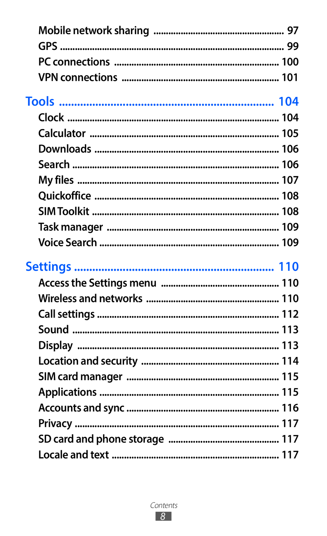 Samsung GT-S6802CWAVVT, GT-S6802CWADBT manual 100, 101, 104, 105, 106, 107, 108, 109, 110, 112, 113, 114, 115, 116, 117 