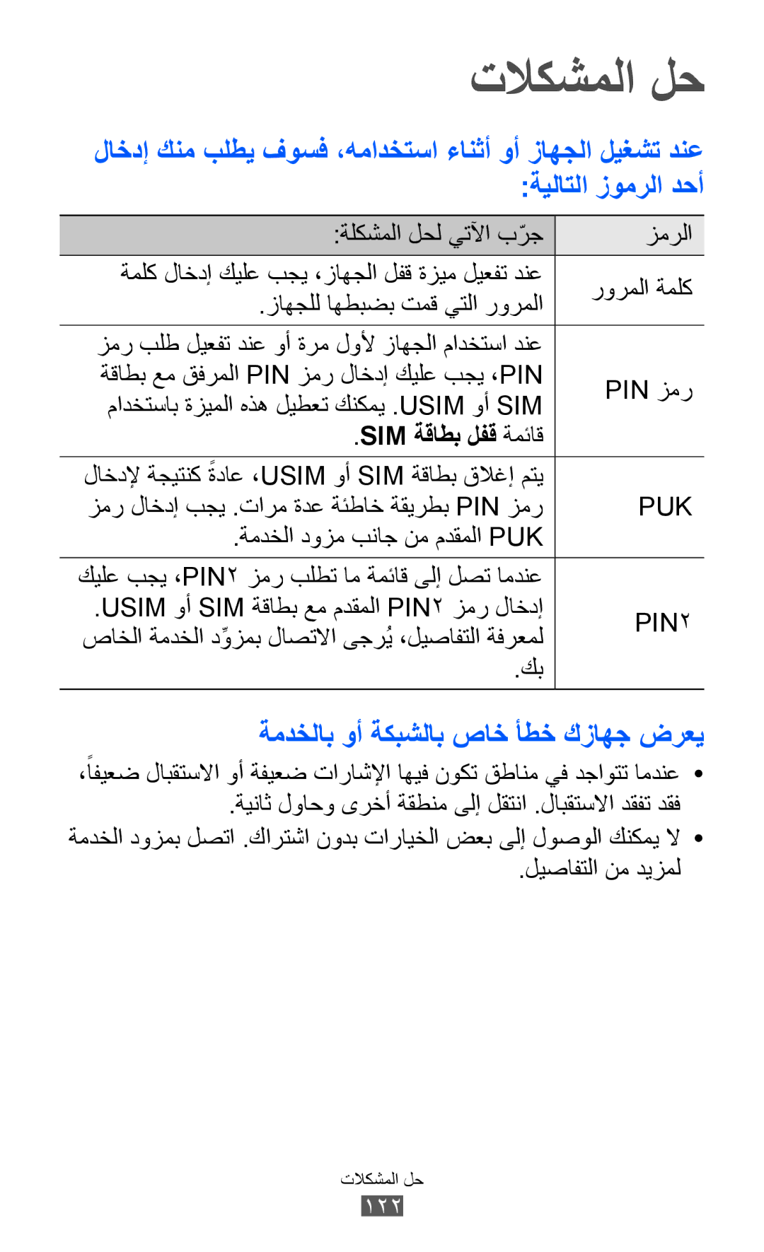 Samsung GT-S6802CWATMC manual تلاكشملا لح, ةمدخلاب وأ ةكبشلاب صاخ أطخ كزاهج ضرعي, Sim ةقاطب لفق ةمئاق, ليصافتلا نم ديزمل 