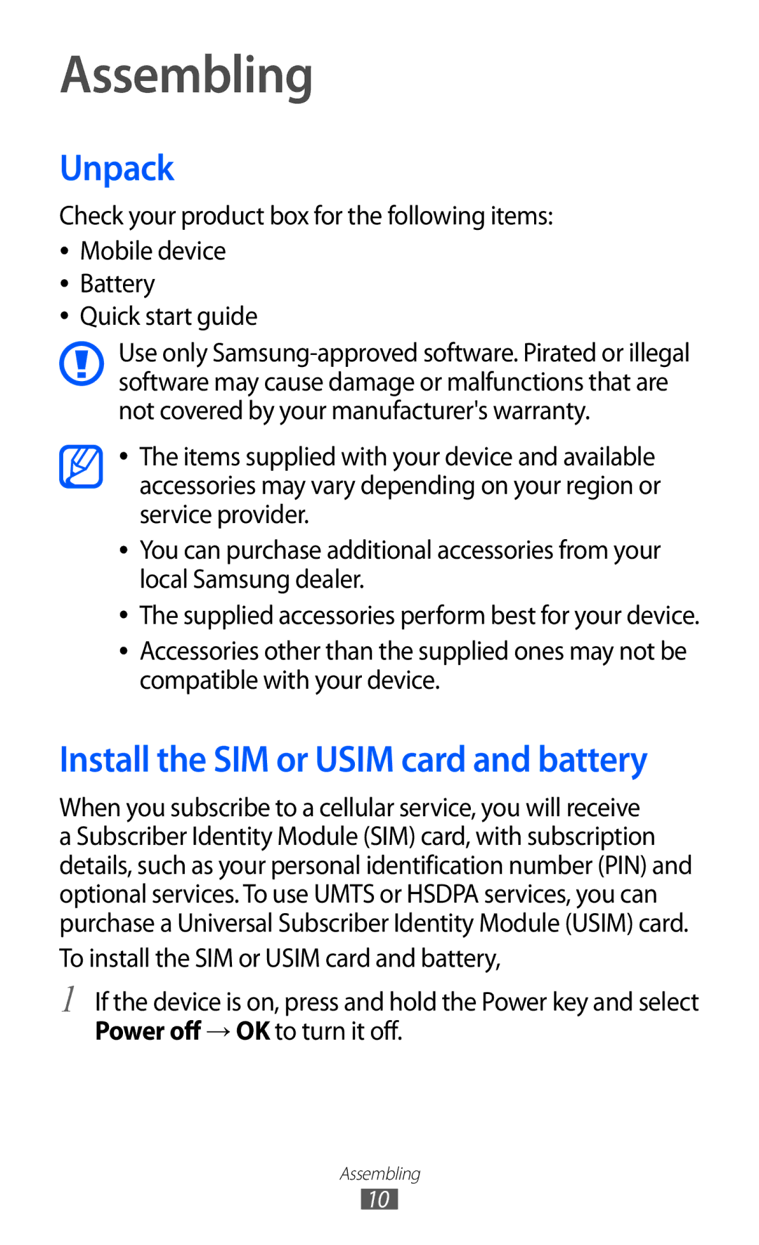 Samsung GT-S6802HKATMC, GT-S6802CWAMRT, GT-S6802HKACAC, GT-S6802HKAMRT, GT-S6802ZIACAC, GT-S6802ZIAEGY manual Assembling, Unpack 