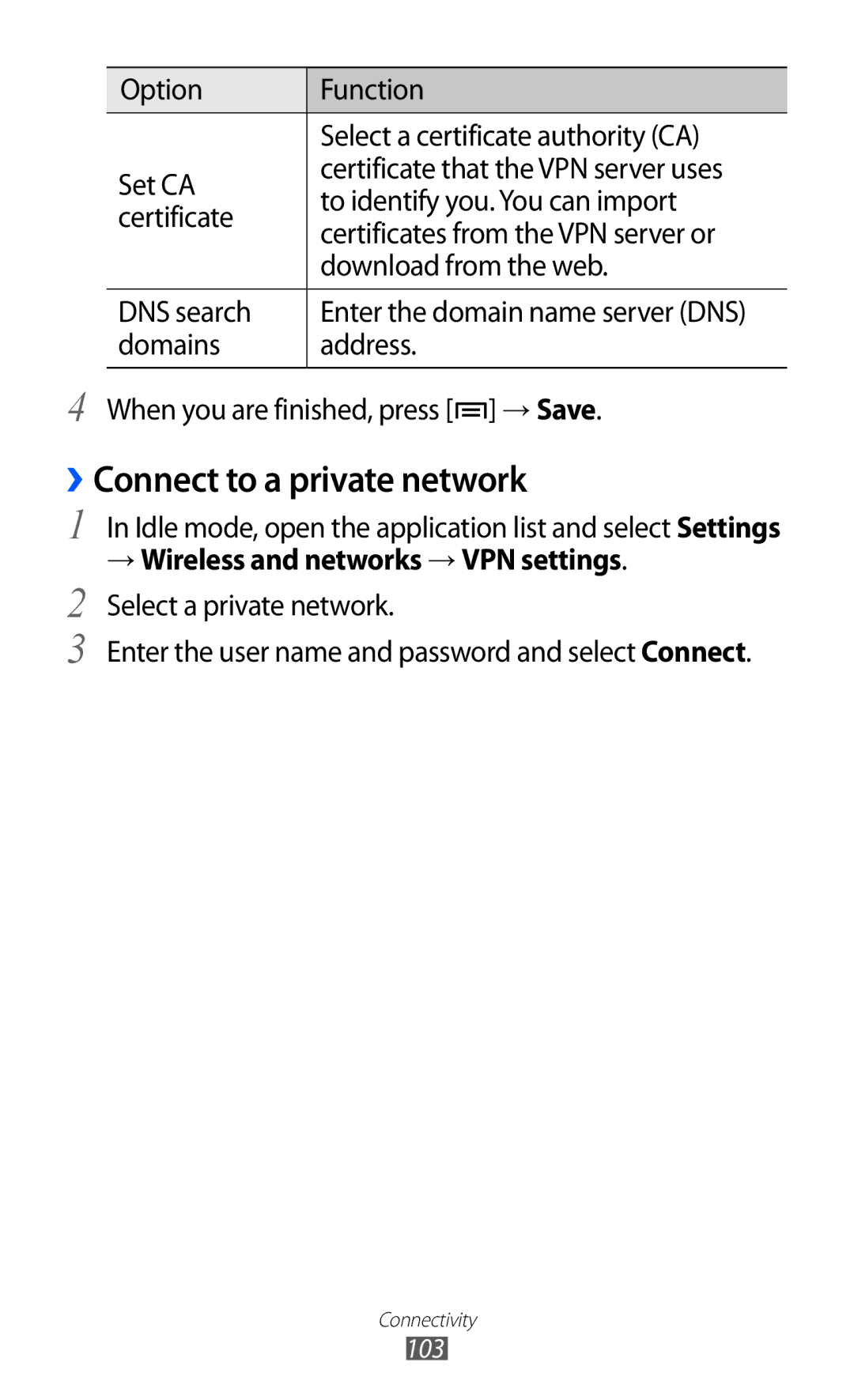 Samsung GT-S6802ZOATMC, GT-S6802CWAMRT ››Connect to a private network, Domains Address When you are finished, press → Save 