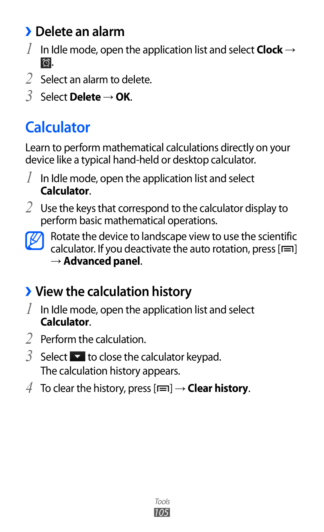 Samsung GT-S6802CWAAFG Calculator, ››Delete an alarm, ››View the calculation history, Select Delete → OK, → Advanced panel 