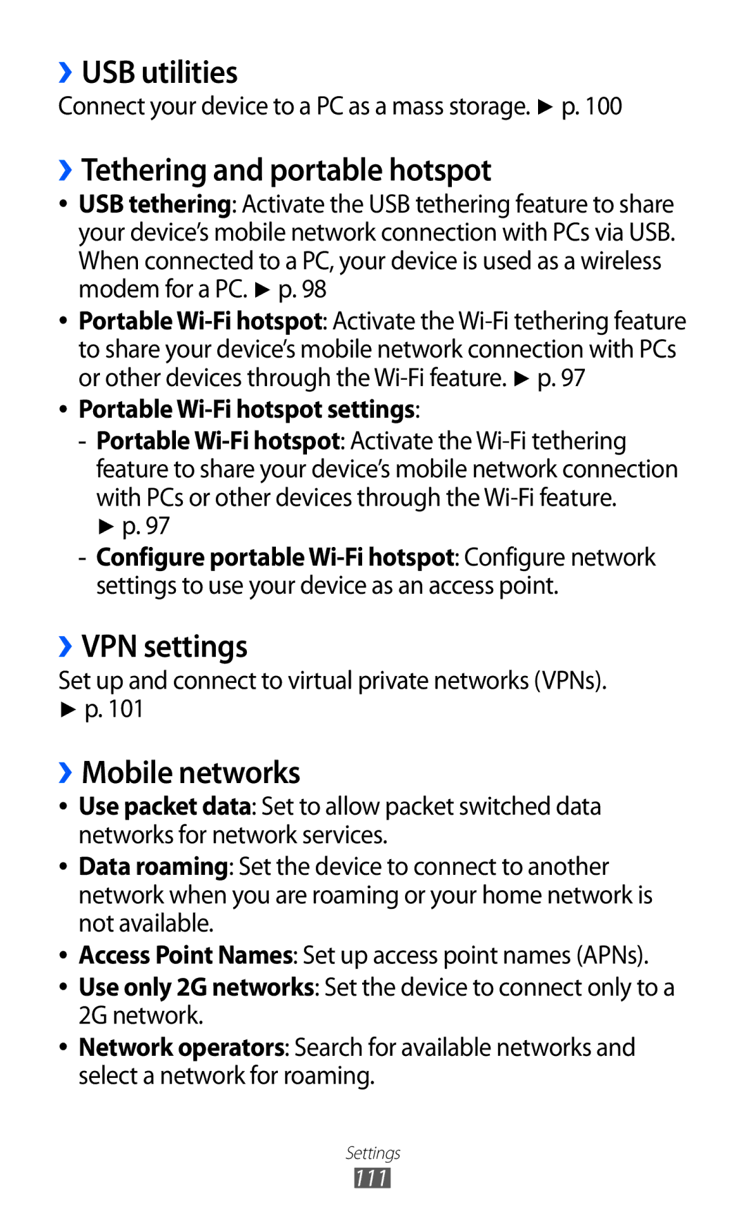 Samsung GT-S6802ZIAXXV manual ››USB utilities, ››Tethering and portable hotspot, ››VPN settings, ››Mobile networks 