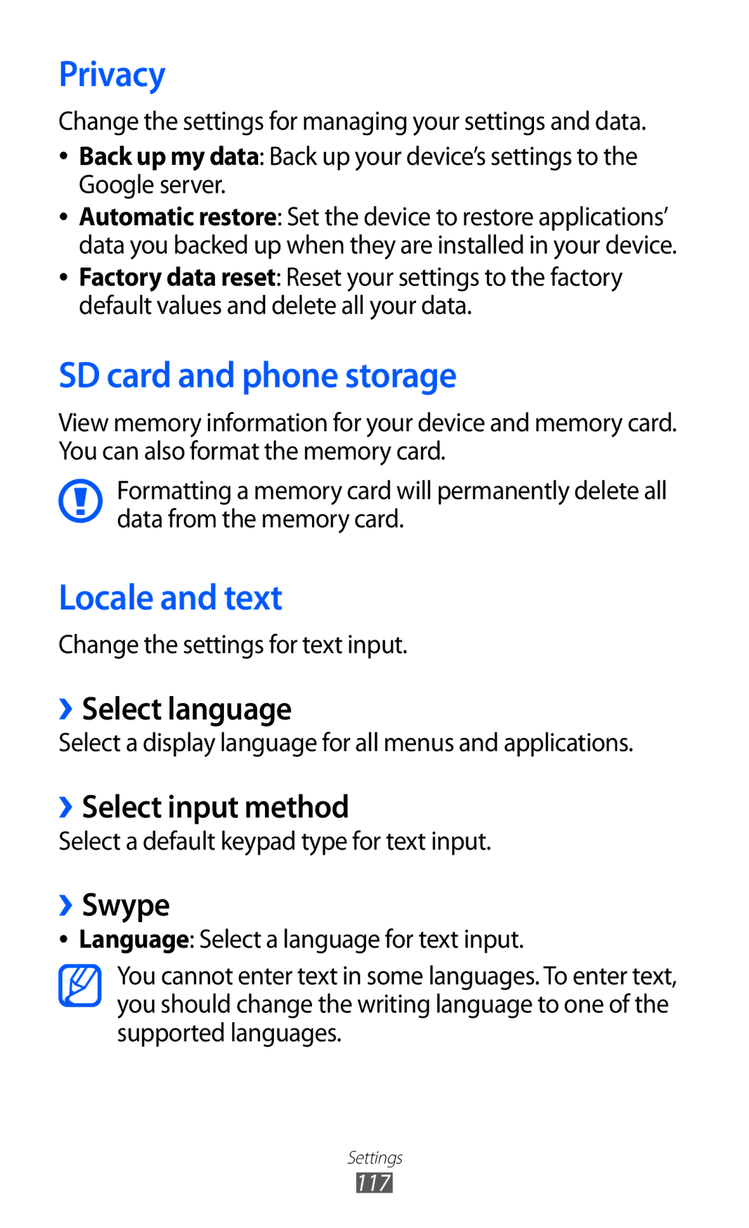 Samsung GT-S6802HKACAC, GT-S6802CWAMRT, GT-S6802HKAMRT, GT-S6802ZIACAC Privacy, SD card and phone storage, Locale and text 