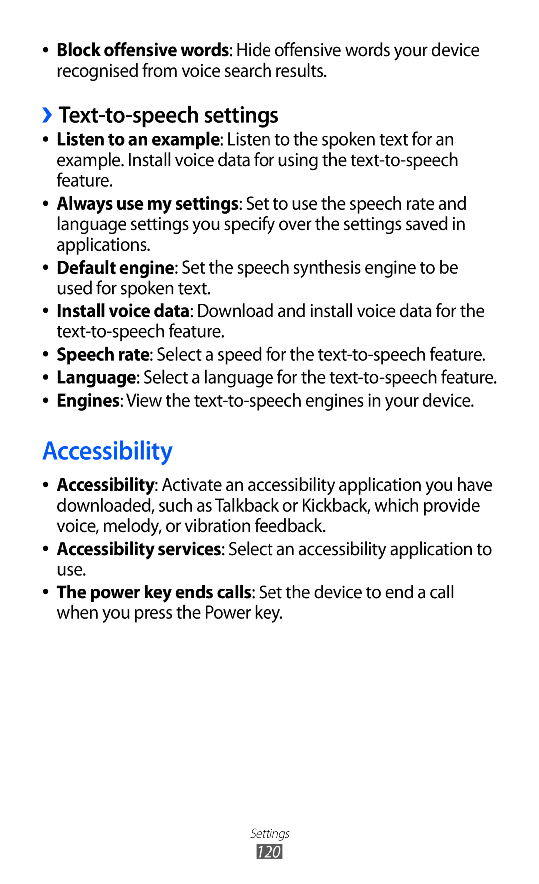 Samsung GT-S6802ZIAEGY Accessibility, ››Text-to-speech settings, Engines View the text-to-speech engines in your device 