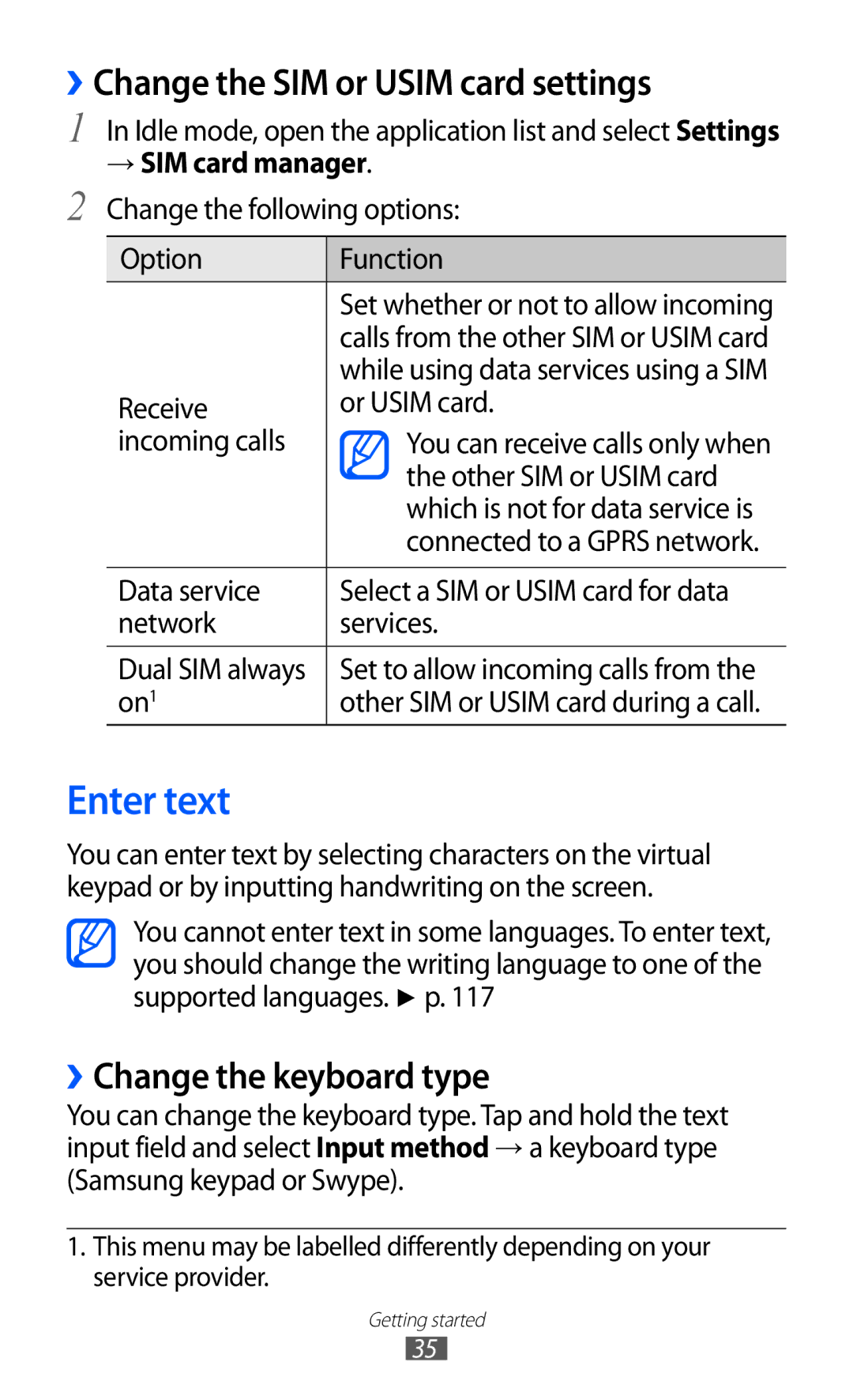 Samsung GT-S6802ZOACAC, GT-S6802CWAMRT manual Enter text, ››Change the SIM or Usim card settings, ››Change the keyboard type 