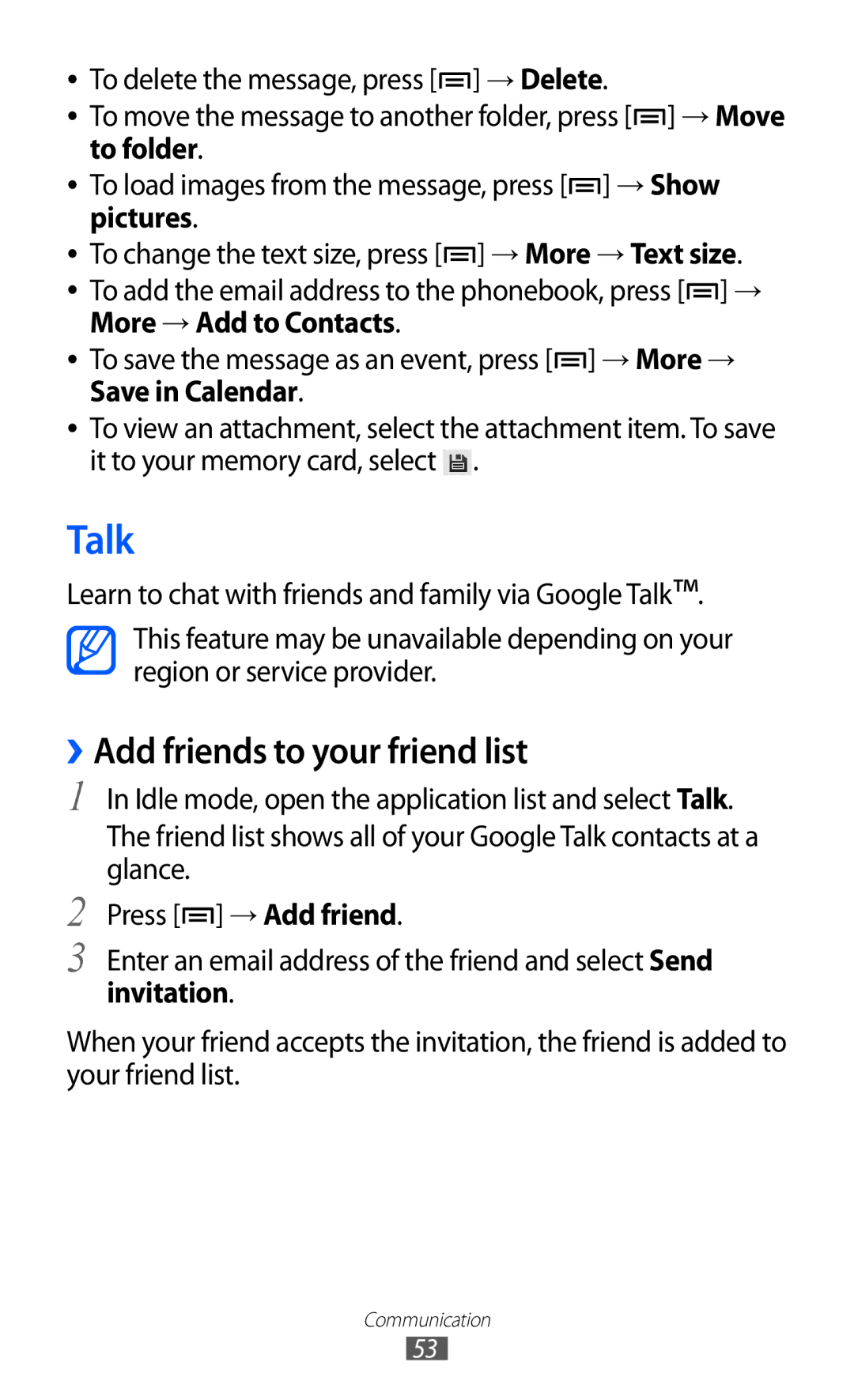 Samsung GT-S6802ZIAXXV, GT-S6802CWAMRT, GT-S6802HKACAC manual Talk, ››Add friends to your friend list, More → Add to Contacts 