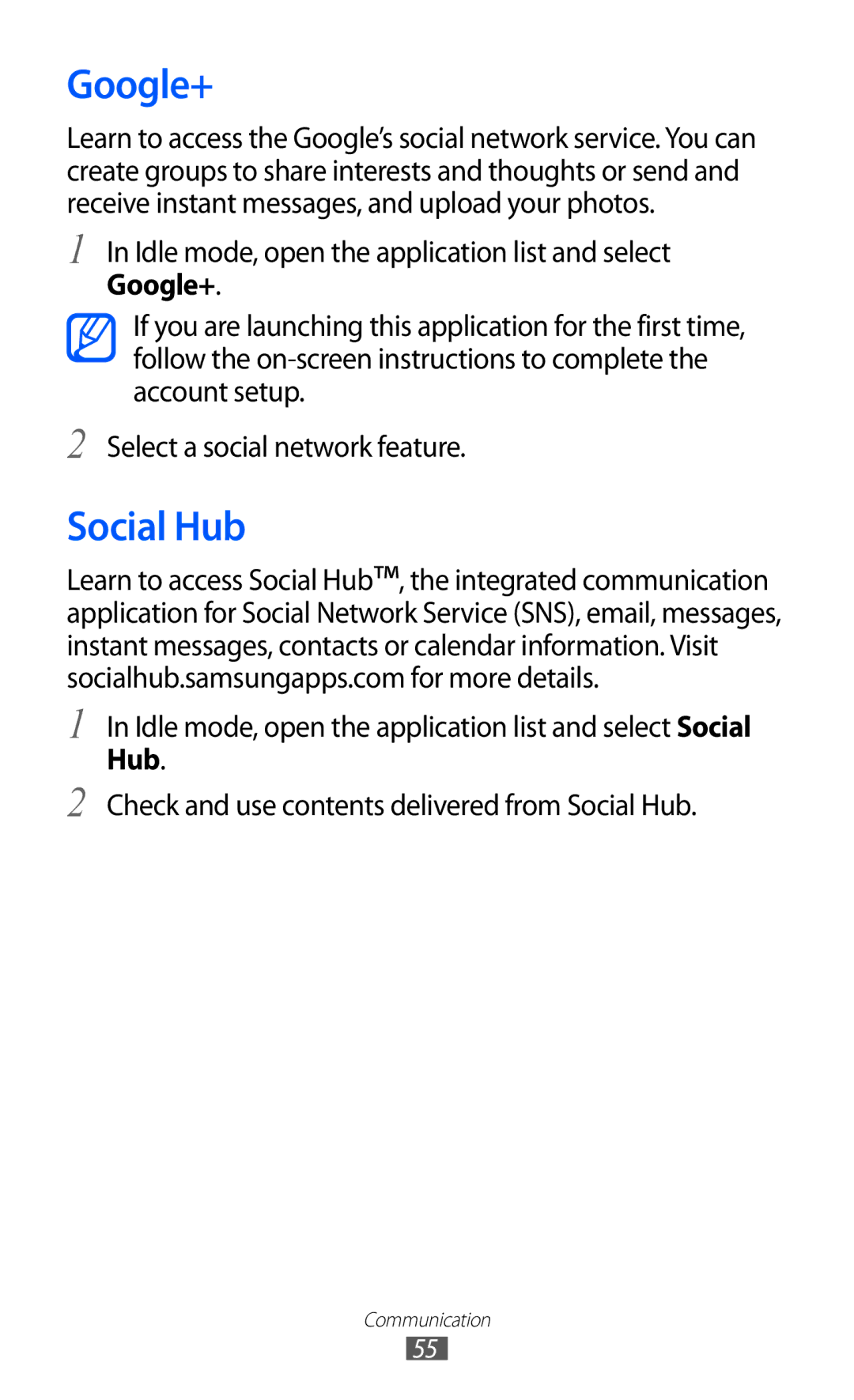 Samsung GT-S6802HKAXXV, GT-S6802CWAMRT manual Google+, Social Hub, Idle mode, open the application list and select Social 