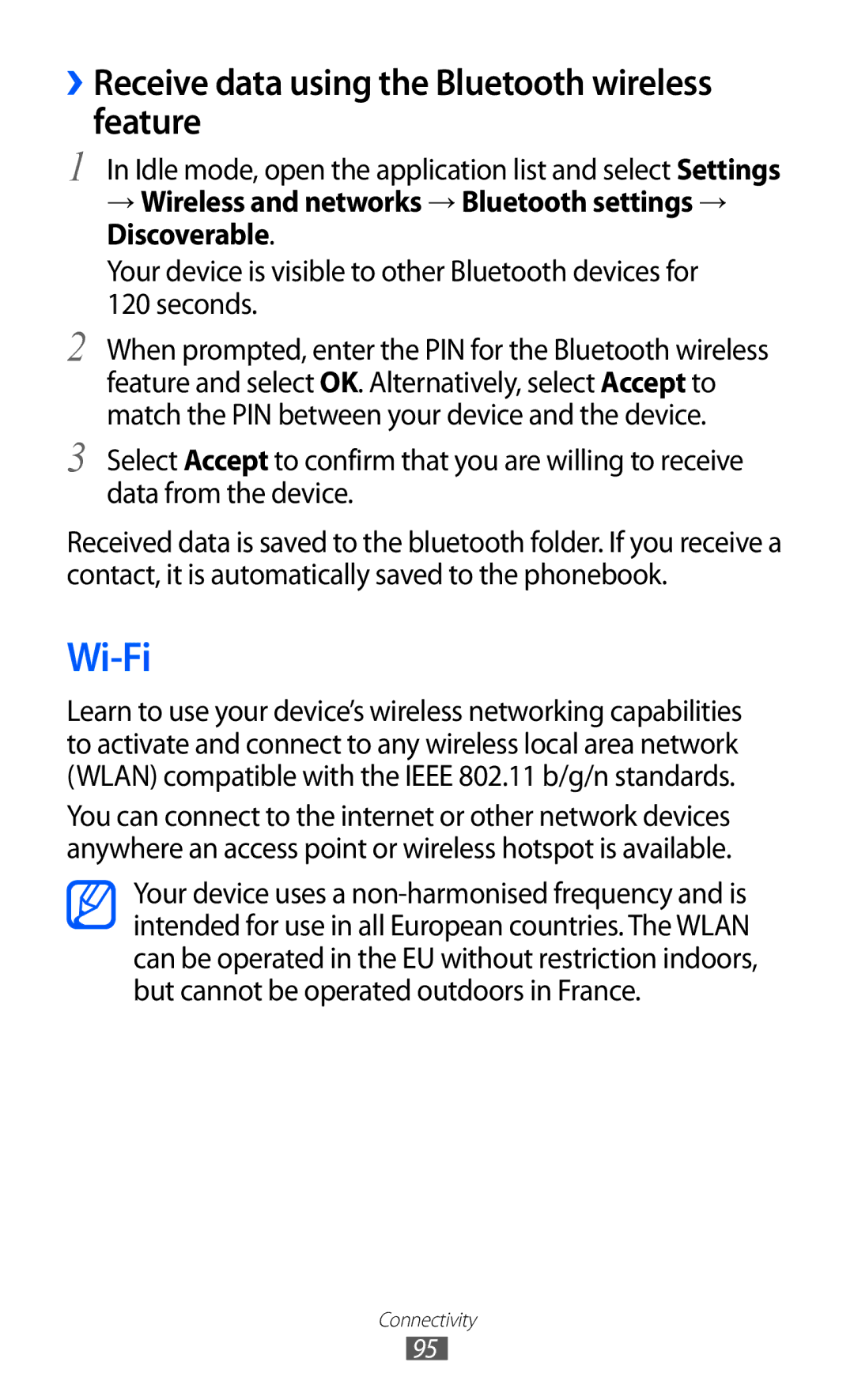 Samsung GT-S6802ZYATMC, GT-S6802CWAMRT, GT-S6802HKACAC manual Wi-Fi, ››Receive data using the Bluetooth wireless feature 