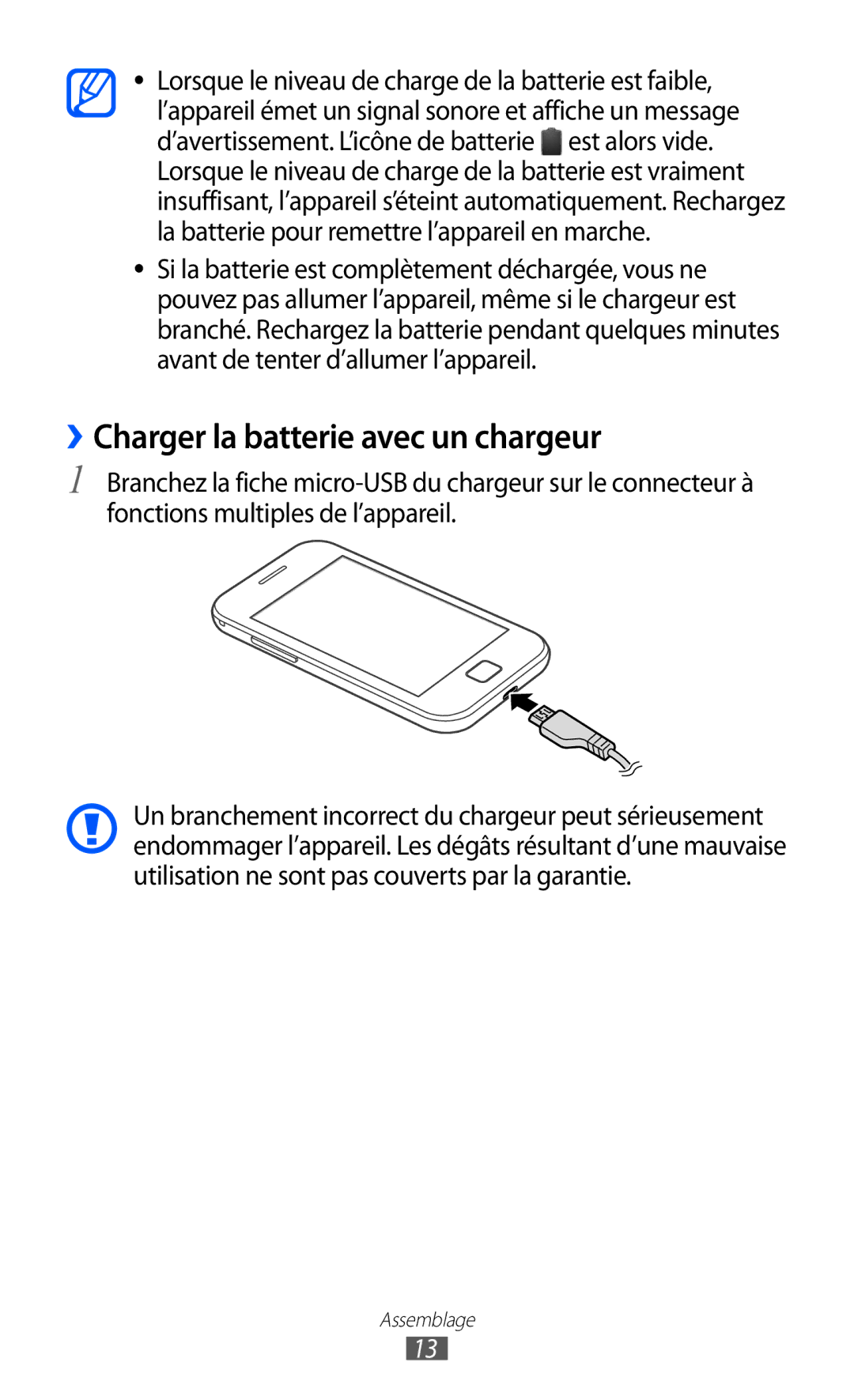 Samsung GT-S6802HKAXEF manual ››Charger la batterie avec un chargeur 