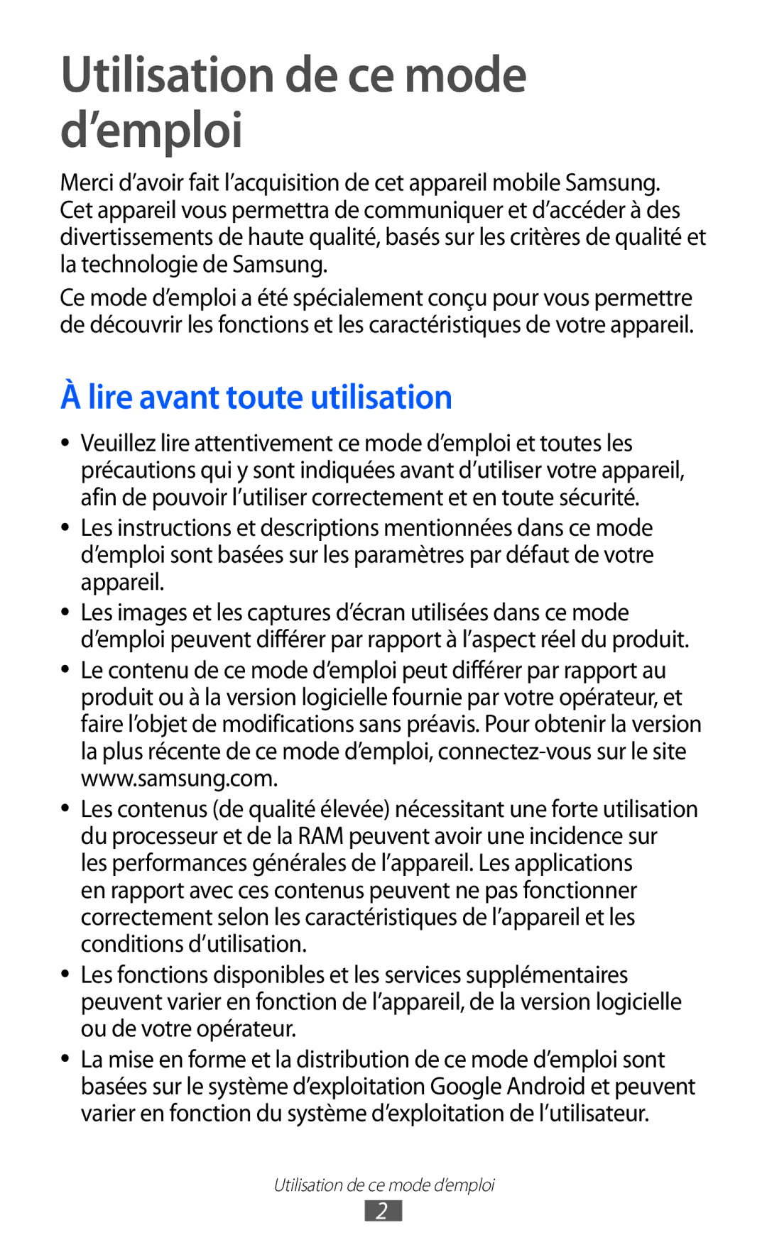 Samsung GT-S6802HKAXEF manual Utilisation de ce mode d’emploi, Lire avant toute utilisation 