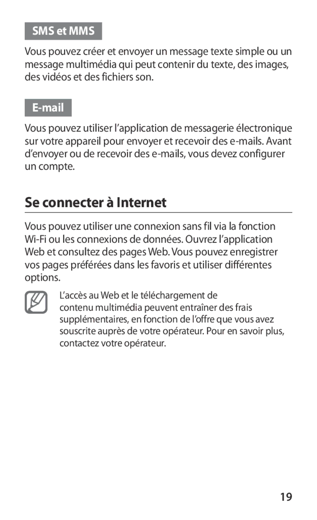 Samsung GT-S6802HKAXEF manual Se connecter à Internet, SMS et MMS 