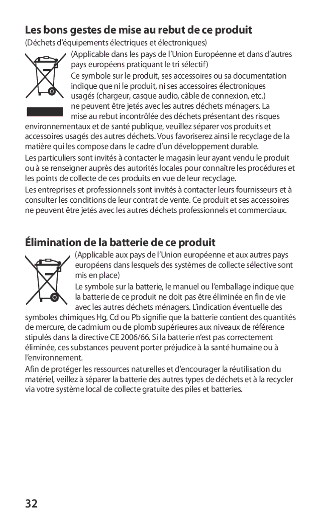 Samsung GT-S6802HKAXEF manual Les bons gestes de mise au rebut de ce produit, Élimination de la batterie de ce produit 