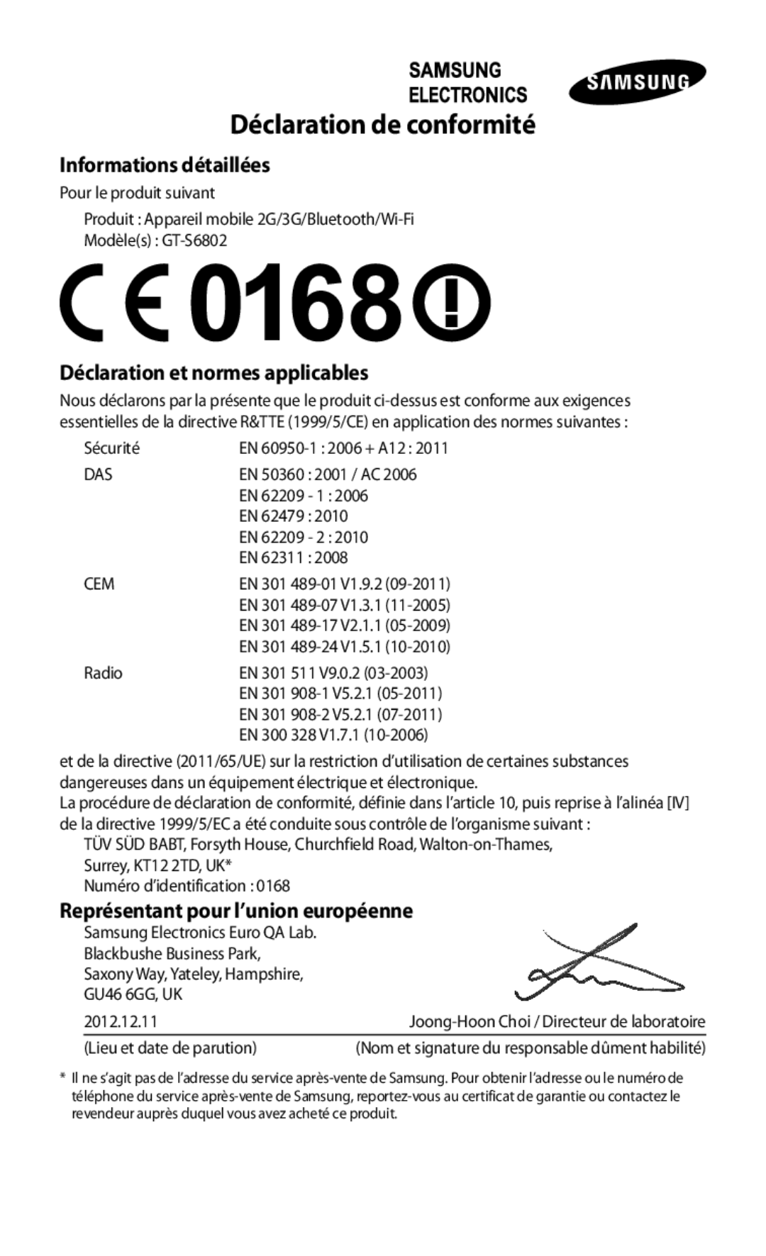 Samsung GT-S6802HKAXEF manual Déclaration de conformité, Informations détaillées, Déclaration et normes applicables 