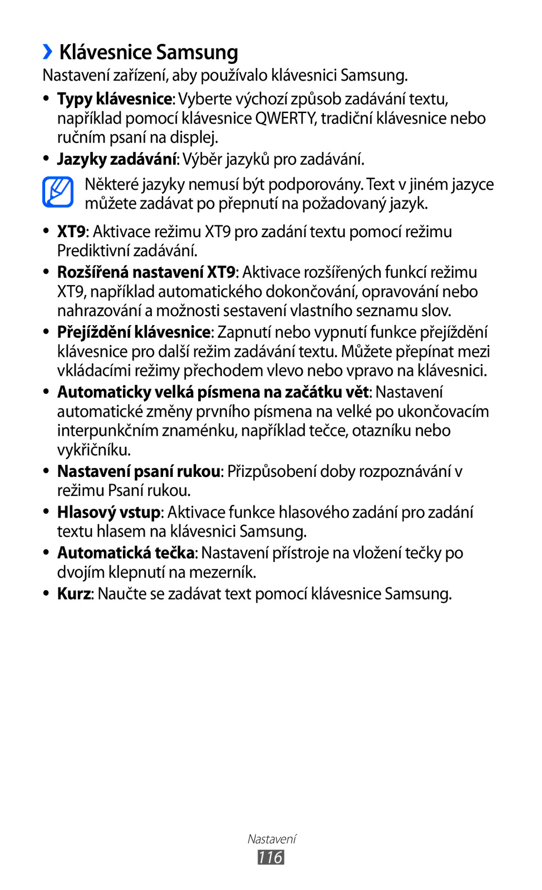 Samsung GT-S6802HKAORL, GT-S6802ZOAETL, GT-S6802ZKACOA, GT-S6802HKAETL, GT-S6802ZYAORX manual ››Klávesnice Samsung, 116 