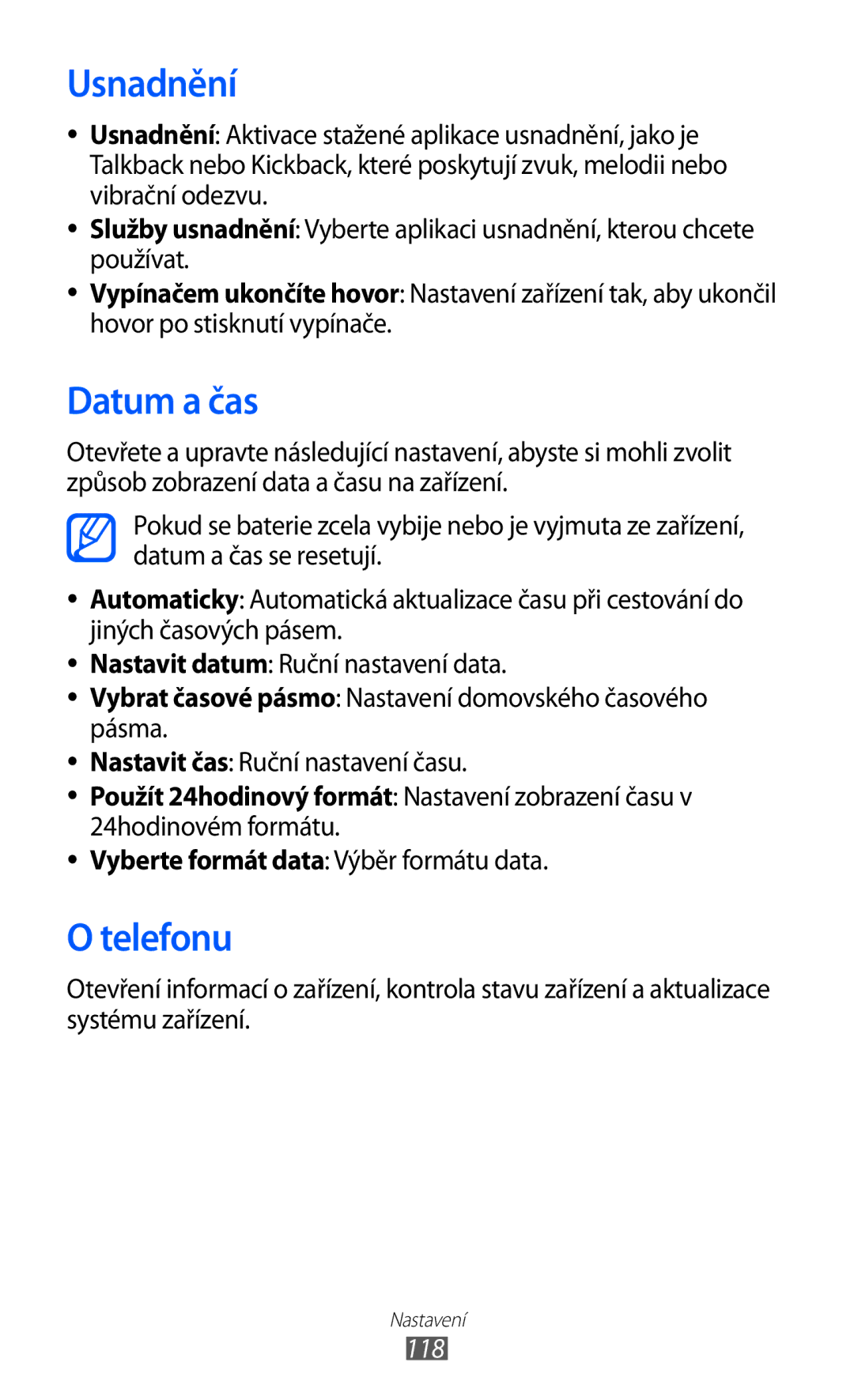 Samsung GT-S6802ZYAORX, GT-S6802ZOAETL manual Usnadnění, Datum a čas, Telefonu, Vyberte formát data Výběr formátu data, 118 