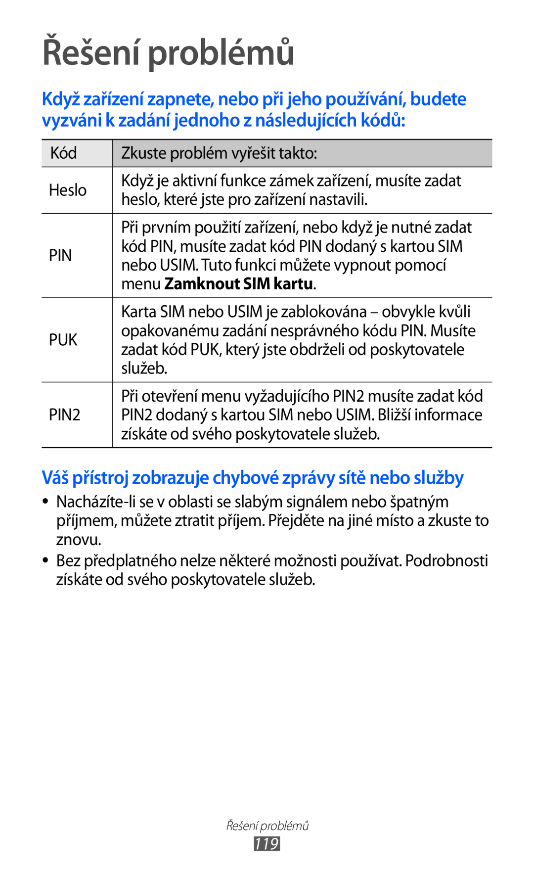 Samsung GT-S6802HKAORX, GT-S6802ZOAETL, GT-S6802ZKACOA, GT-S6802HKAORL manual Řešení problémů, Menu Zamknout SIM kartu, 119 