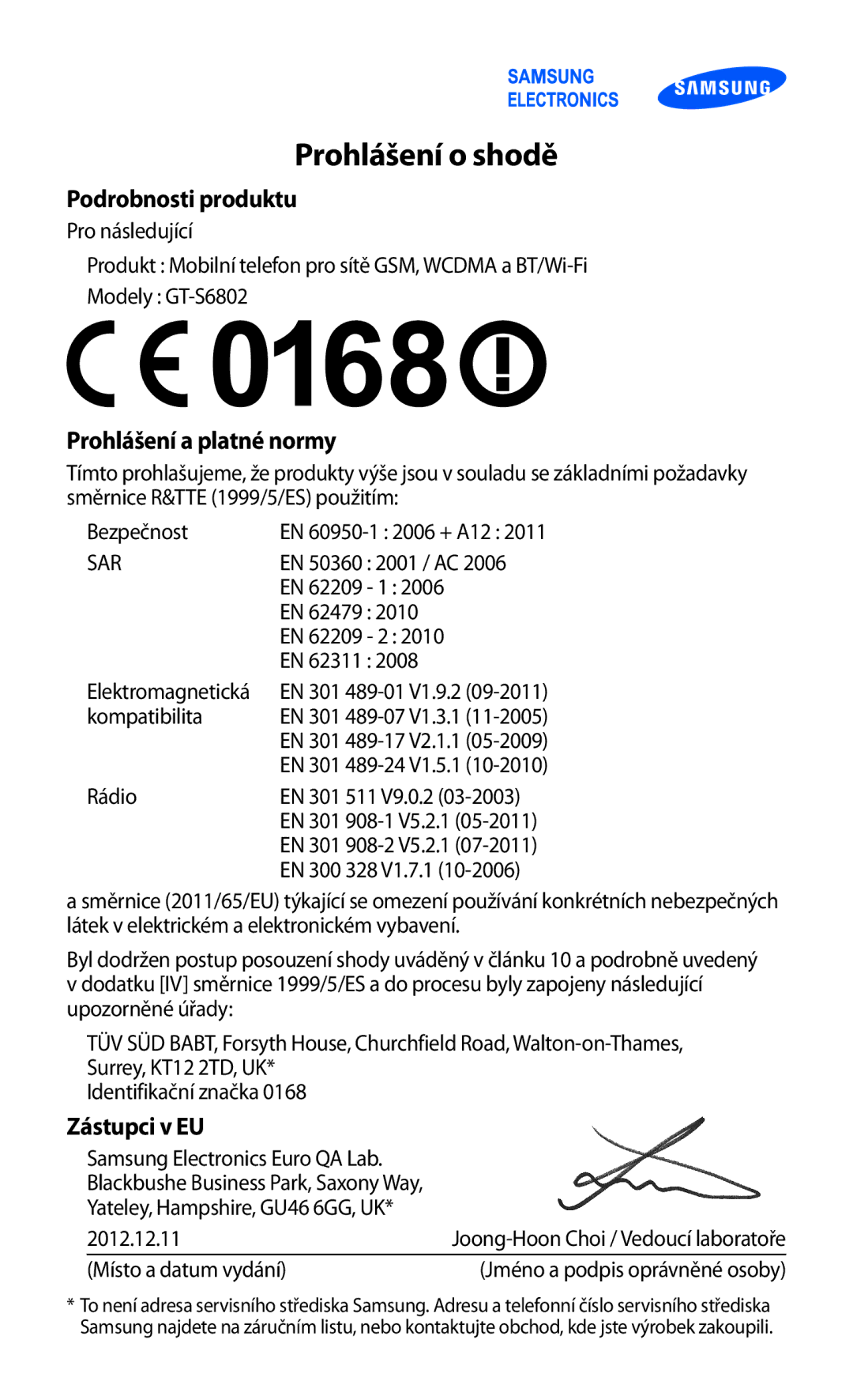 Samsung GT-S6802HKATMZ, GT-S6802ZOAETL, GT-S6802ZKACOA, GT-S6802HKAORL, GT-S6802HKAETL, GT-S6802ZYAORX manual Prohlášení o shodě 