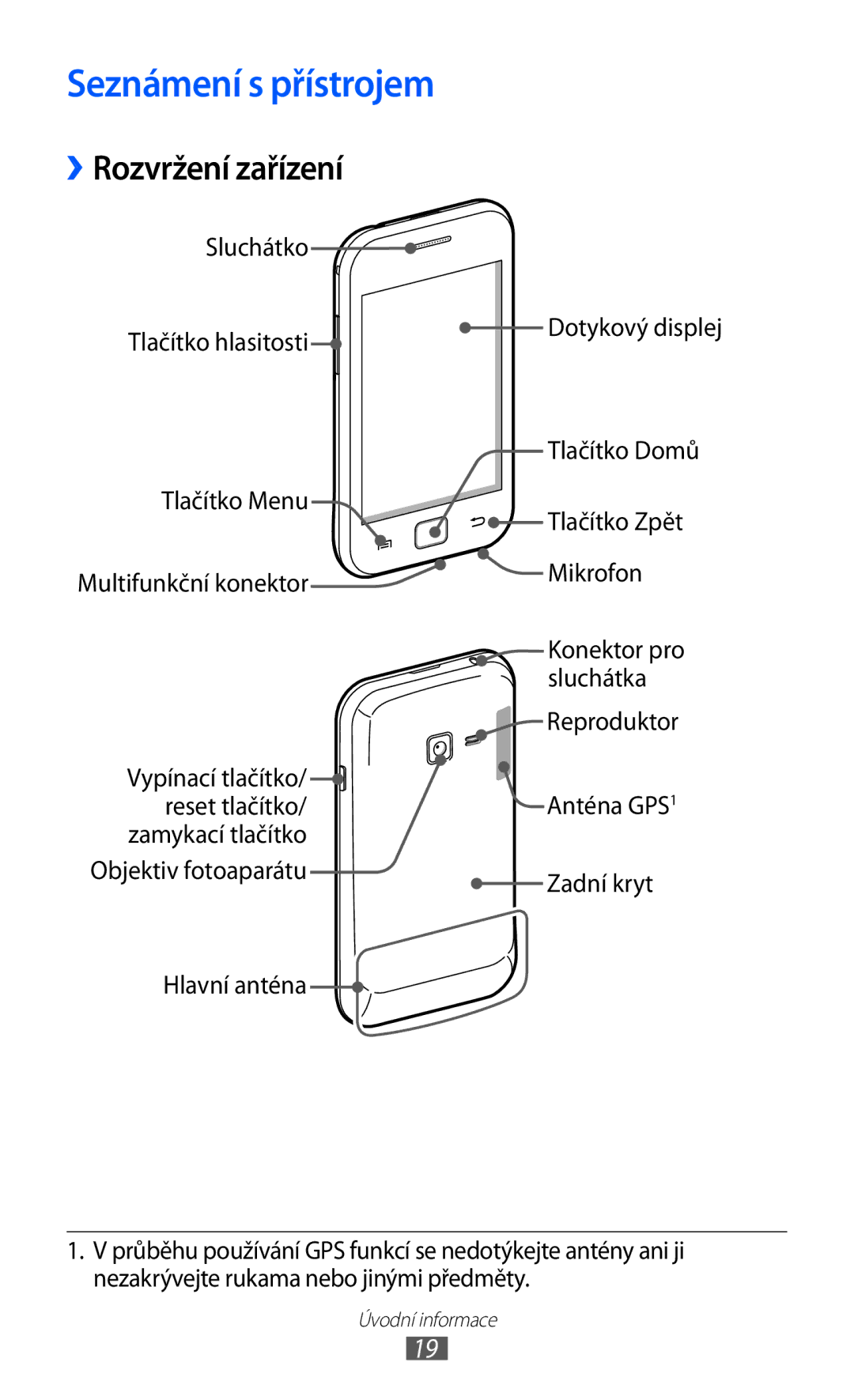 Samsung GT-S6802ZOAETL, GT-S6802ZKACOA, GT-S6802HKAORL, GT-S6802HKAETL manual Seznámení s přístrojem, ››Rozvržení zařízení 