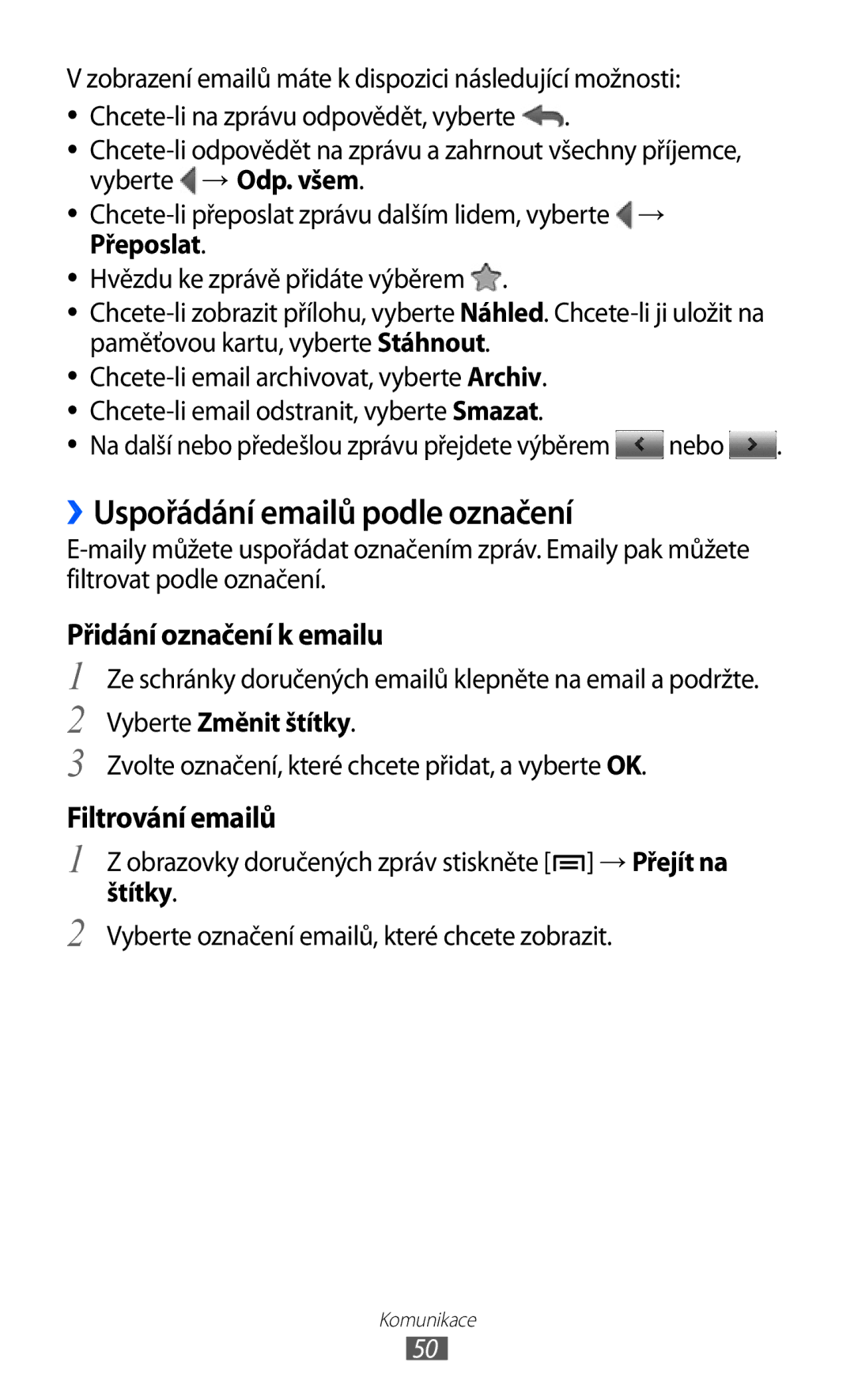 Samsung GT-S6802CWAETL, GT-S6802ZOAETL manual ››Uspořádání emailů podle označení, Přeposlat, Vyberte Změnit štítky, Štítky 