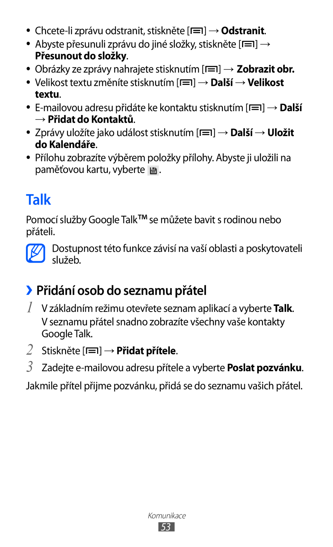 Samsung GT-S6802ZIAORX manual Talk, ››Přidání osob do seznamu přátel, Přesunout do složky, Textu, → Přidat do Kontaktů 