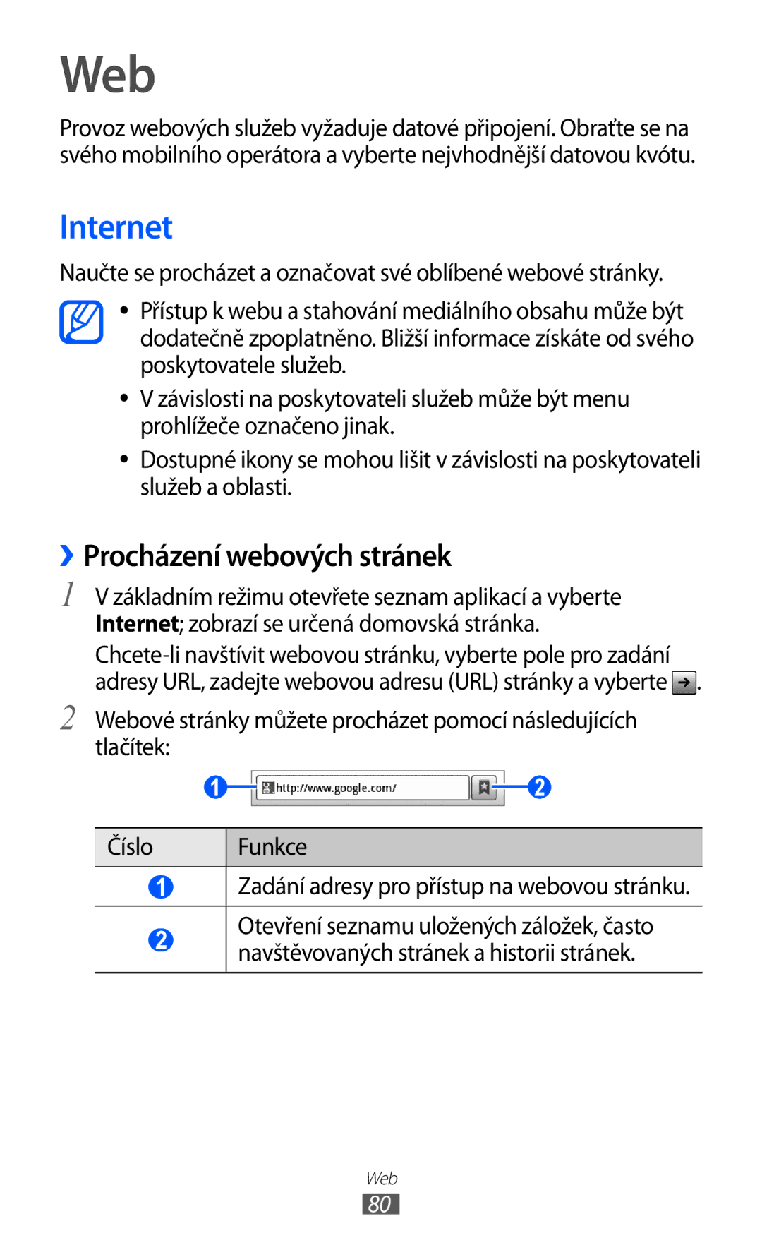 Samsung GT-S6802ZYAORX, GT-S6802ZOAETL, GT-S6802ZKACOA, GT-S6802HKAORL manual Web, Internet, ››Procházení webových stránek 
