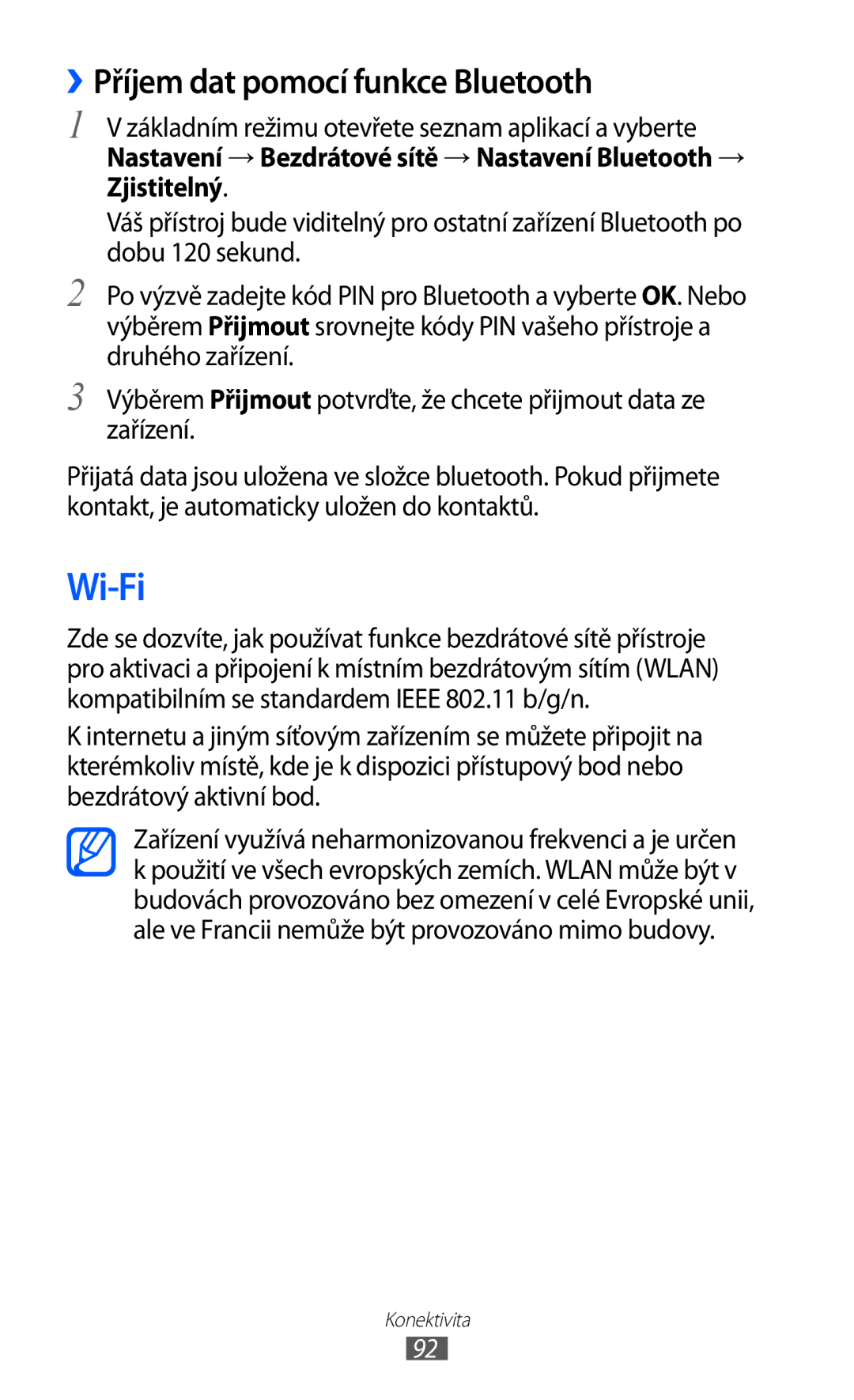 Samsung GT-S6802ZYATMZ, GT-S6802ZOAETL, GT-S6802ZKACOA, GT-S6802HKAORL manual Wi-Fi, ››Příjem dat pomocí funkce Bluetooth 