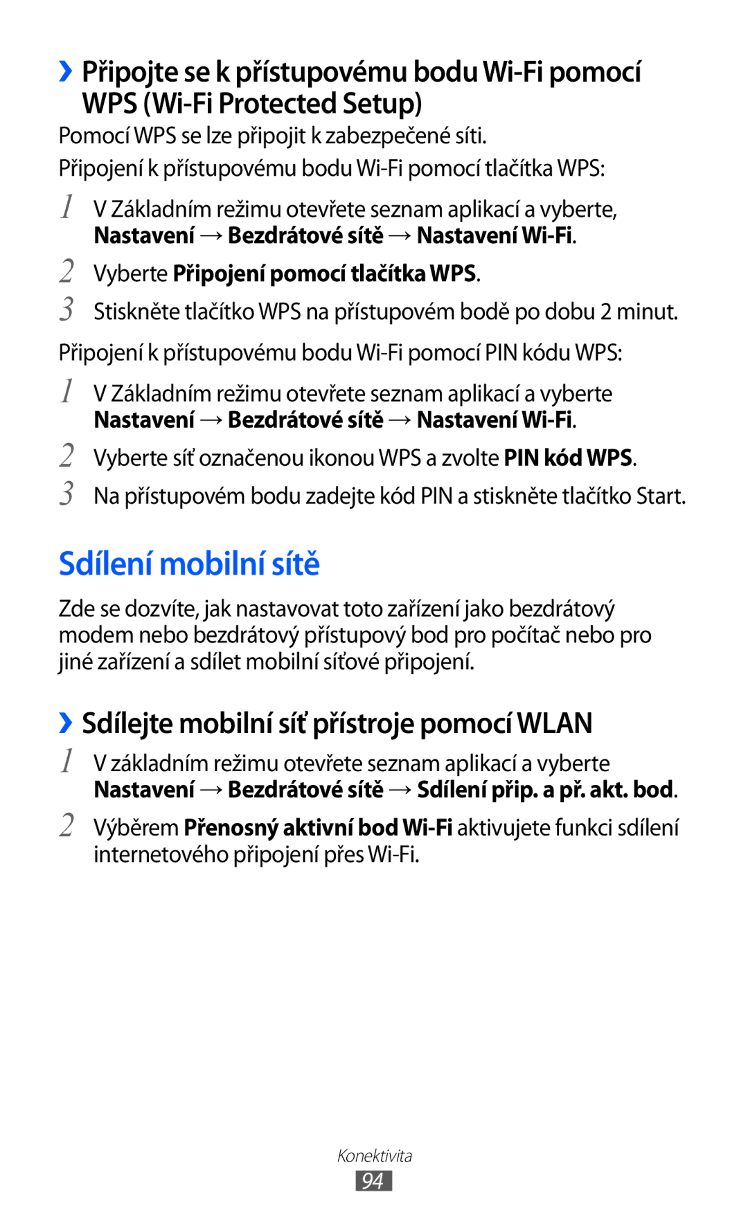 Samsung GT-S6802ZIAETL manual Sdílení mobilní sítě, WPS Wi-Fi Protected Setup, ››Sdílejte mobilní síť přístroje pomocí Wlan 