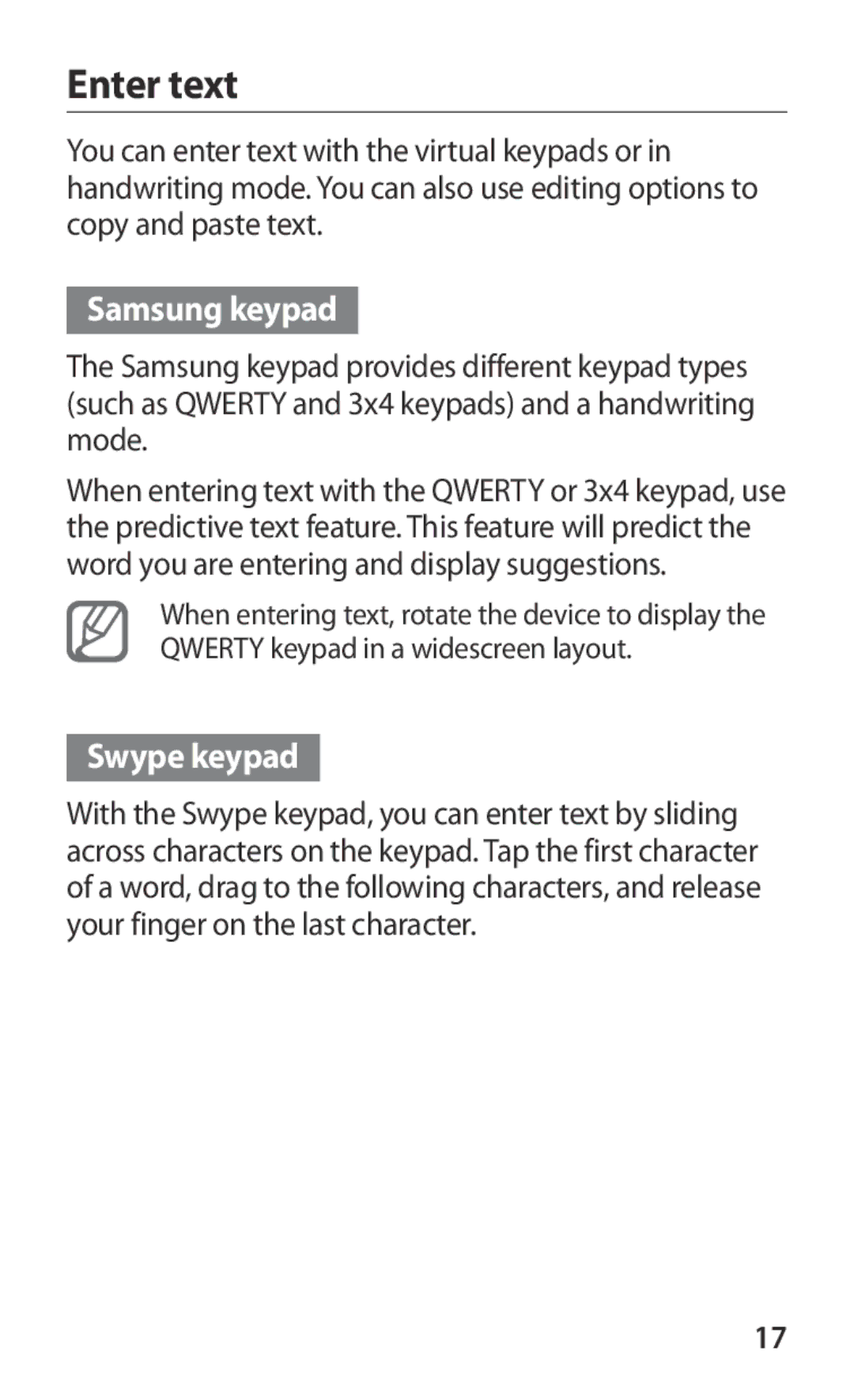 Samsung GT-S6802ZIASER, GT-S6802ZYASER, GT-S6802CWASER, GT-S6802TIZSER manual Enter text, Samsung keypad, Swype keypad 