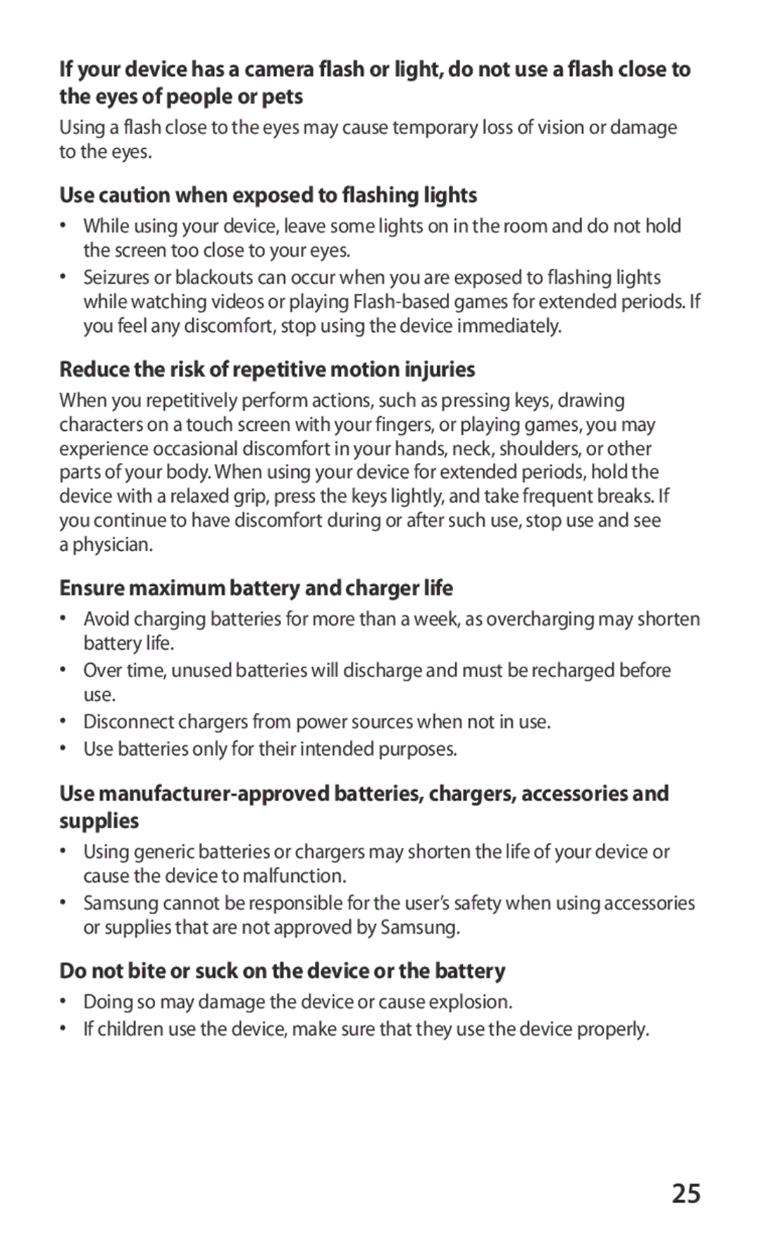 Samsung GT-S6802HKASER manual Use caution when exposed to flashing lights, Reduce the risk of repetitive motion injuries 