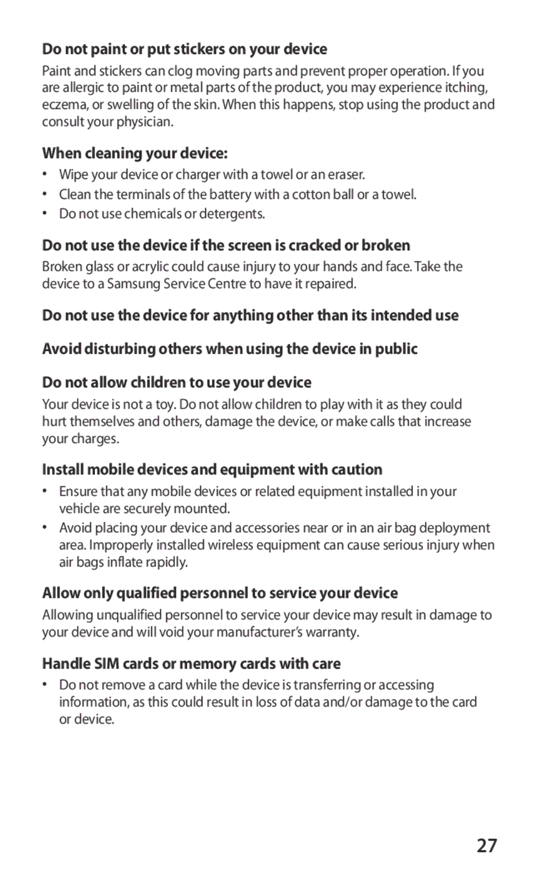 Samsung GT-S6802ZKASER, GT-S6802ZYASER manual Do not paint or put stickers on your device, When cleaning your device 