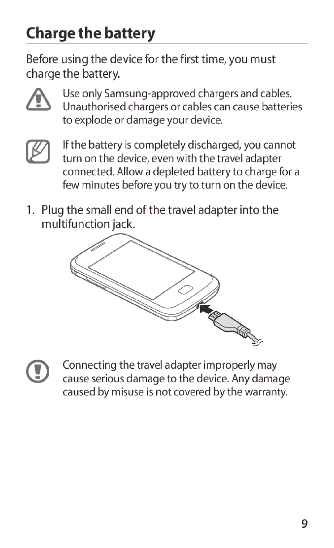 Samsung GT-S6802TIZSER, GT-S6802ZYASER, GT-S6802CWASER, GT-S6802ZIASER, GT-S6802HKASER, GT-S6802ZOASER manual Charge the battery 