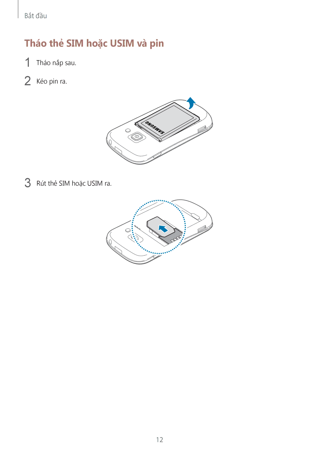 Samsung GT-S6810MBAXXV, GT-S6810PWAXXV manual Tháo thẻ SIM hoặc Usim và pin 