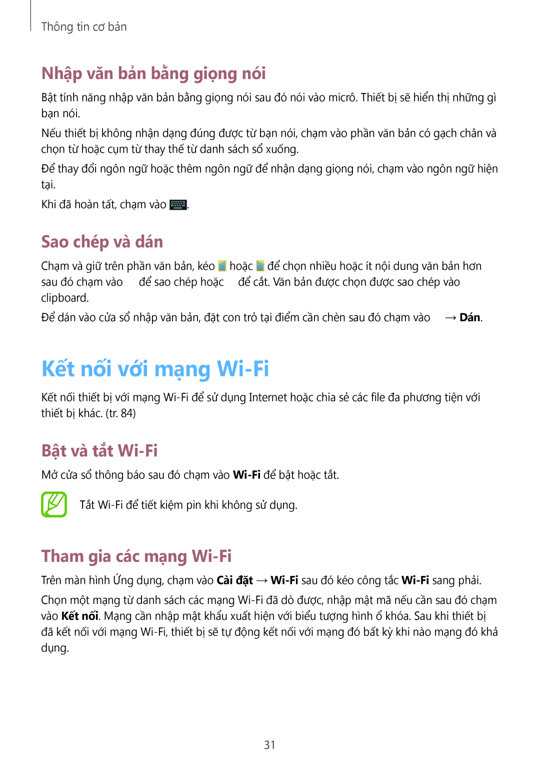 Samsung GT-S6810PWAXXV manual Kết nối với mạng Wi-Fi, Nhập văn bản bằng giọng nói, Sao chép và dán, Bật và tắt Wi-Fi 