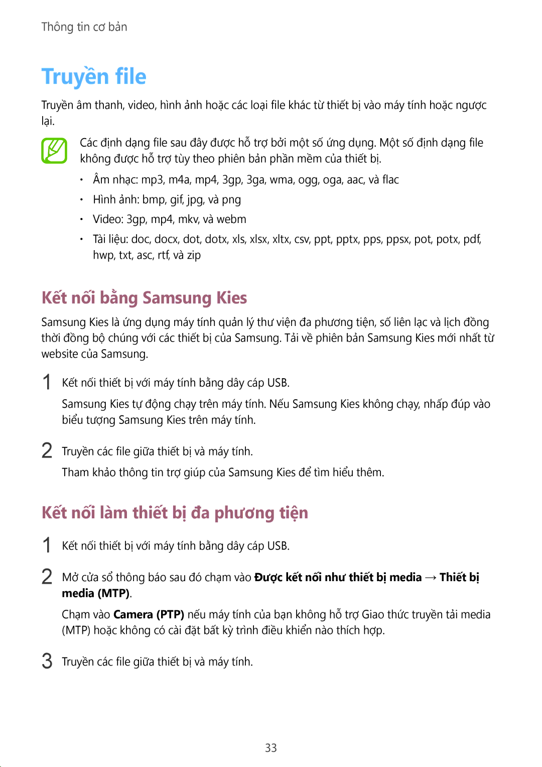 Samsung GT-S6810PWAXXV, GT-S6810MBAXXV manual Truyền file, Kết nối bằng Samsung Kies, Kết nối làm thiết bị đa phương tiện 