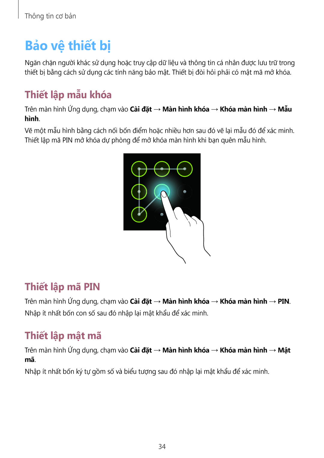 Samsung GT-S6810MBAXXV, GT-S6810PWAXXV manual Bảo vệ thiết bị, Thiết lập mẫu khóa, Thiết lập mã PIN, Thiết lập mật mã 