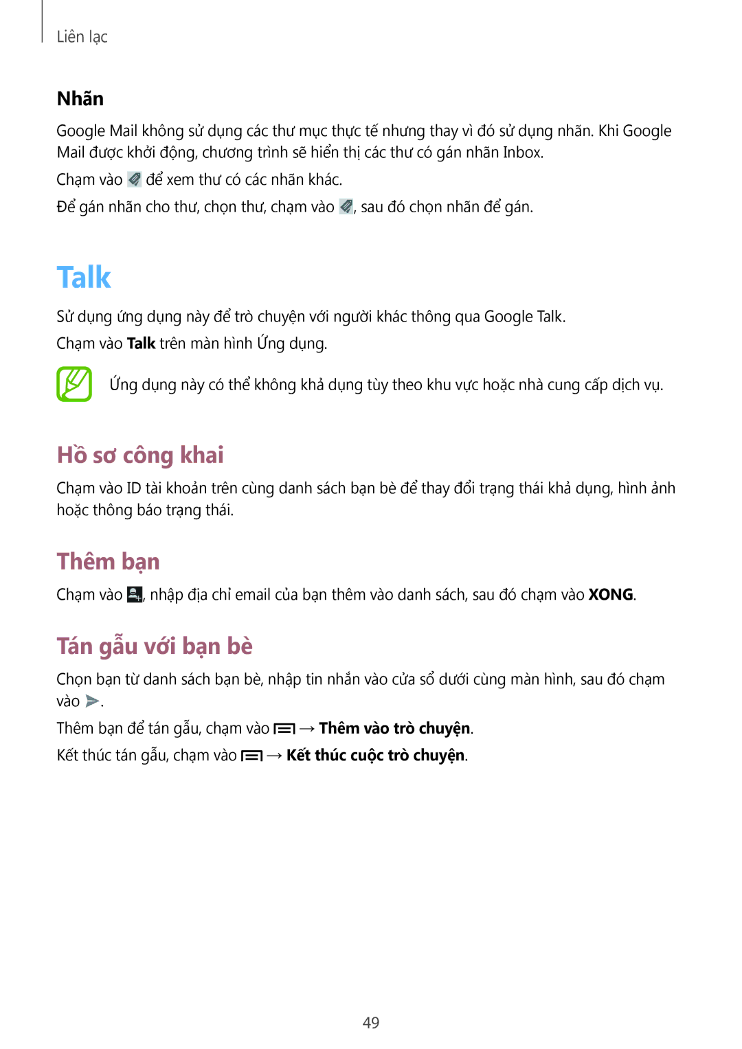 Samsung GT-S6810PWAXXV, GT-S6810MBAXXV manual Talk, Hồ sơ công khai, Thêm bạn, Tán gẫu với bạn bè, Nhãn 